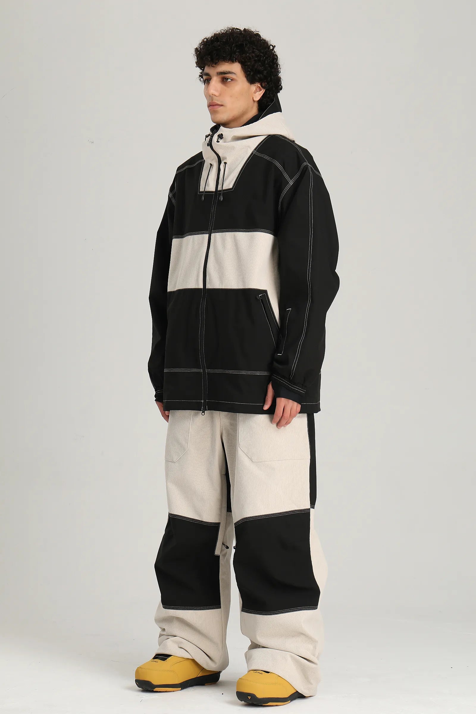 Men's Black & Off White Color Block Corduroy Retro Utility Snow Jacket