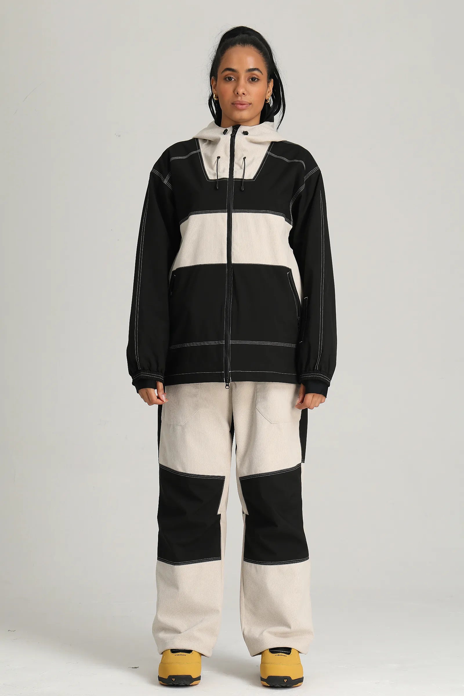 Women's Black & Off White Color Block Corduroy Retro Utility Snow Jacket