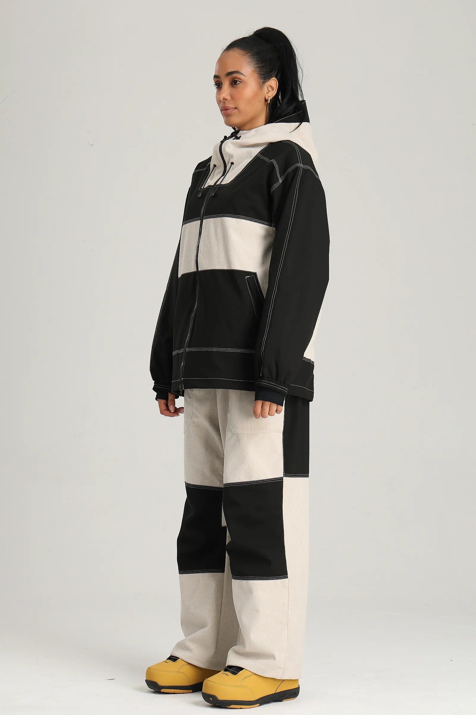 Women's Black & Off White Color Block Corduroy Retro Utility Snow Jacket