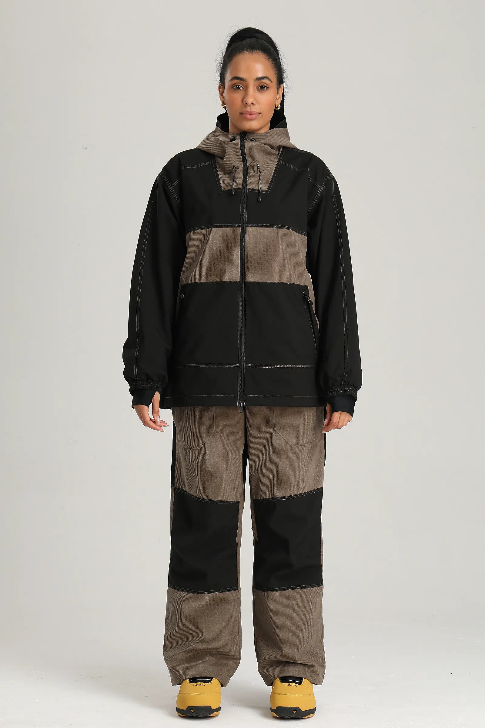 Women's Brown & Black Color Block Corduroy Retro Utility Snow Jacket