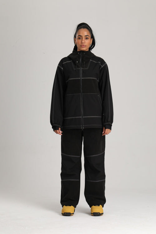 Women's Black Color Block Corduroy Retro Utility Snow Jacket