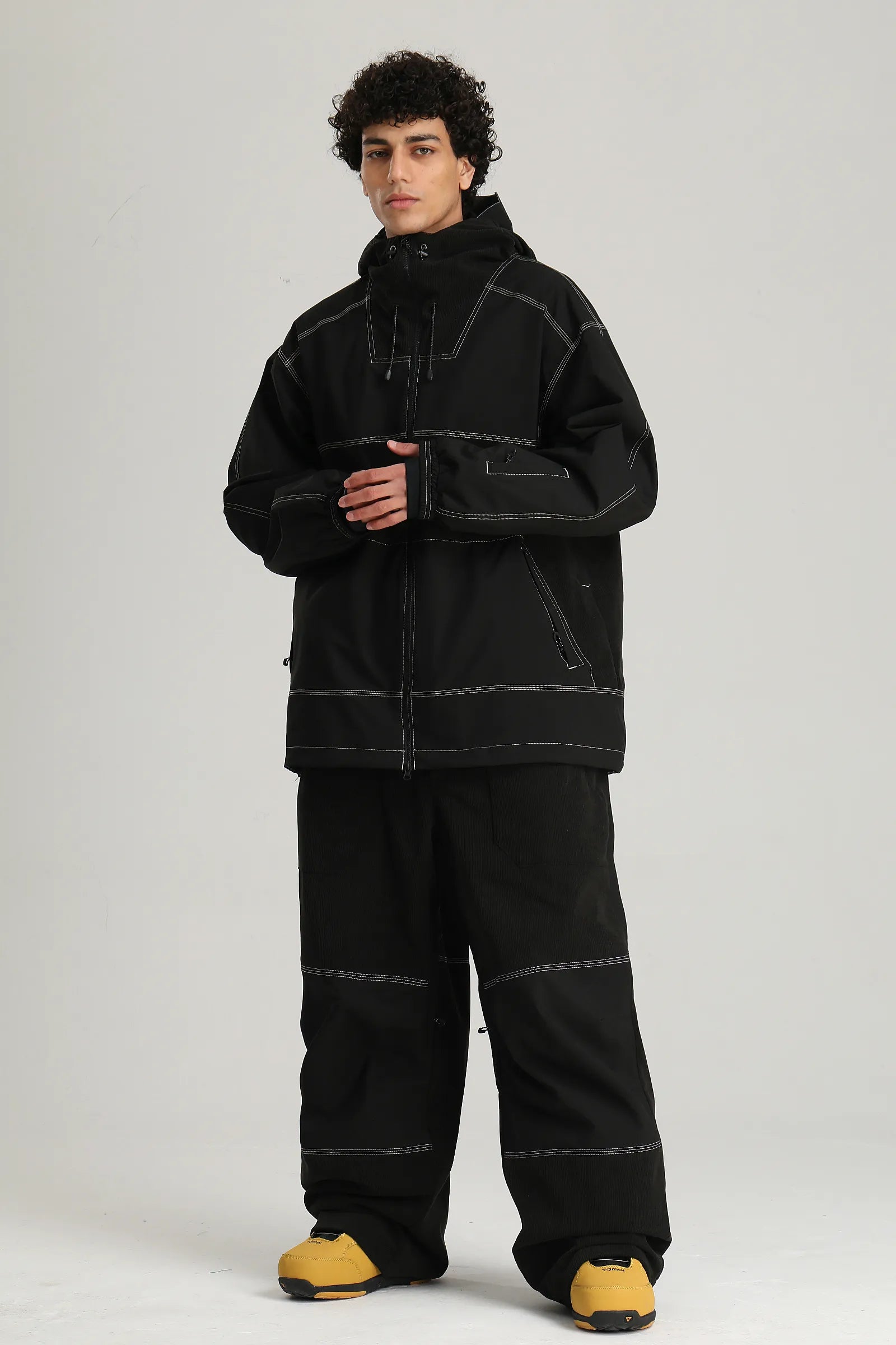 Men's Black Color Block Corduroy Retro Utility Snow Jacket