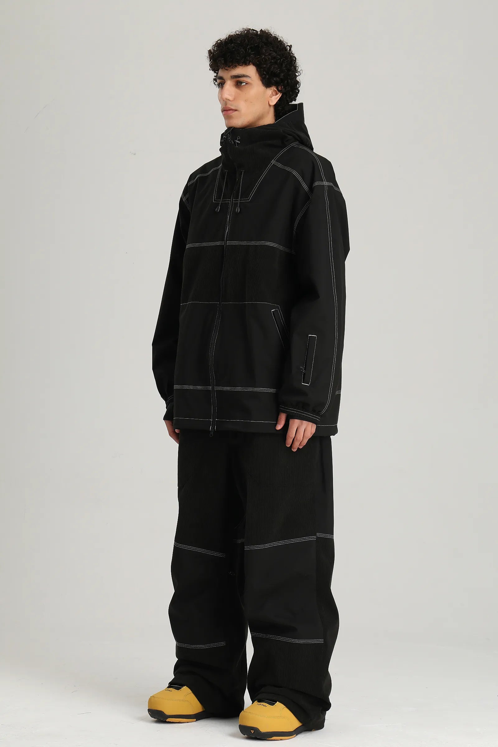 Men's Black Color Block Corduroy Retro Utility Snow Jacket