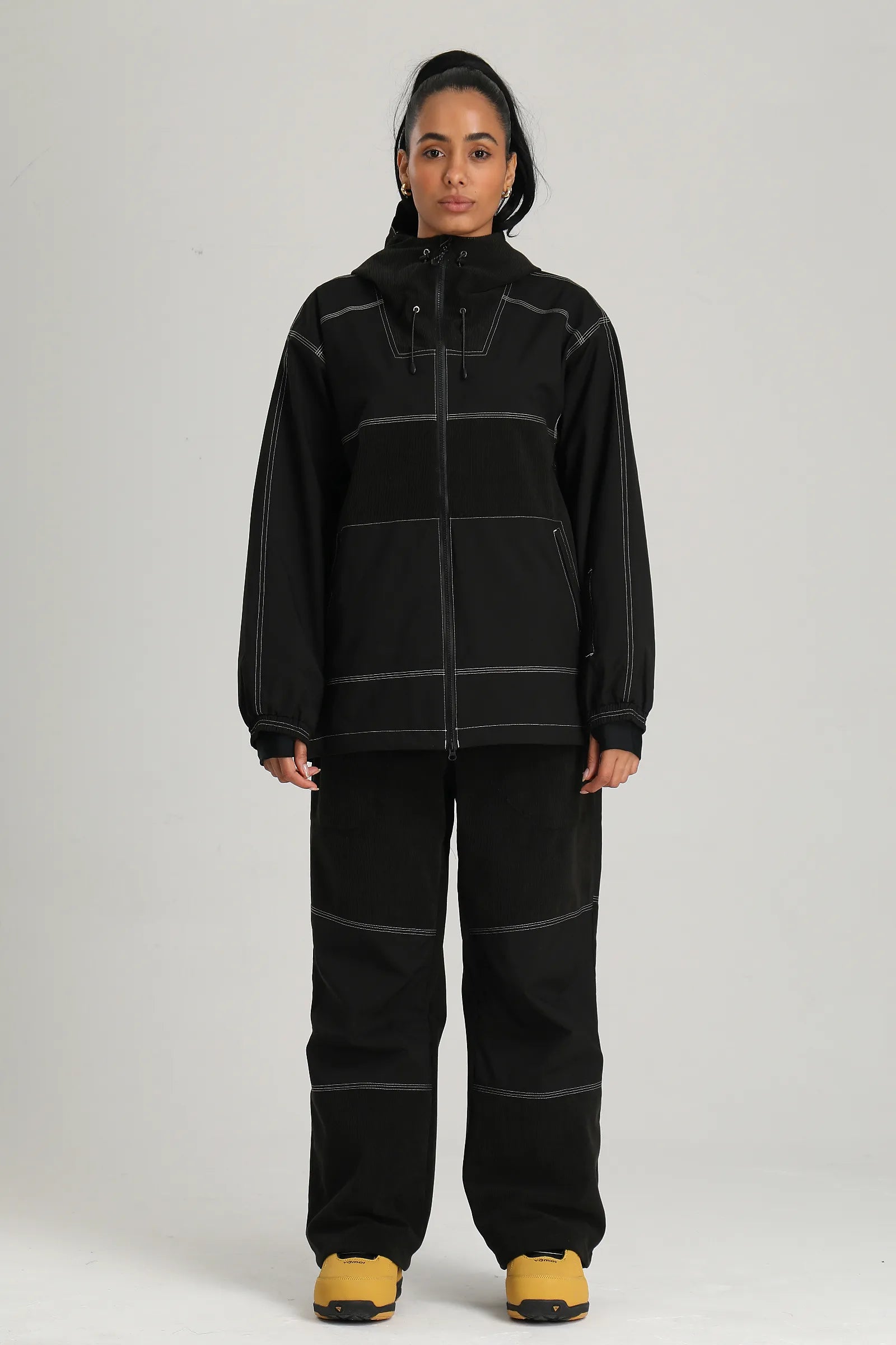 Women's Black Color Block Corduroy Retro Utility Snow Jacket