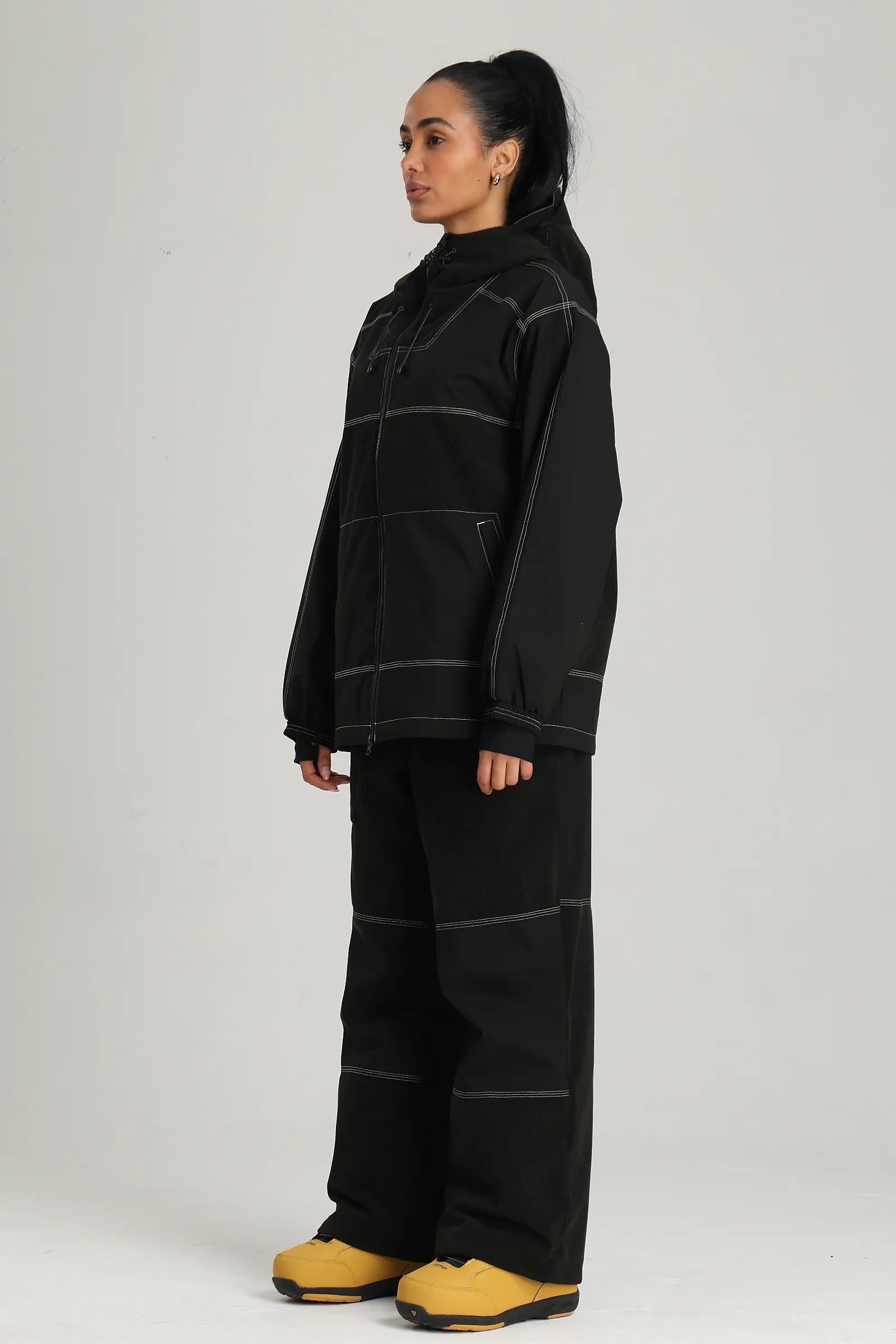 Women's Black Color Block Corduroy Retro Utility Snow Jacket