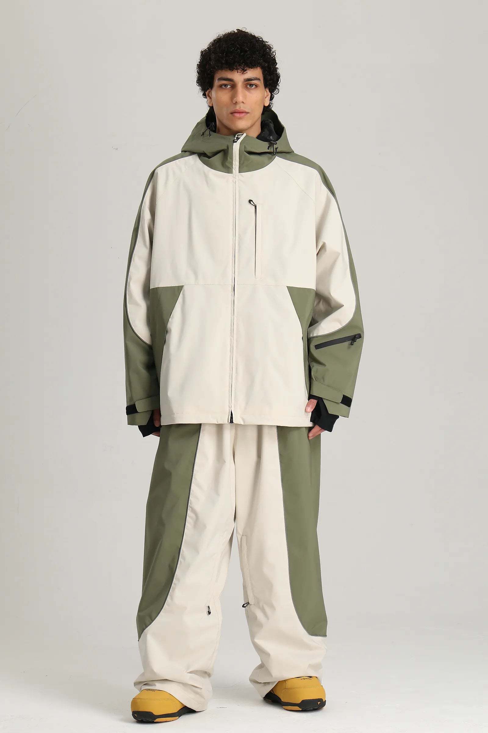 Men's Off White & Sage Color Block Reflective Retro Baggy Snow Jacket