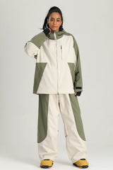Women's Off White & Sage Color Block Reflective Retro Baggy Snow Jacket