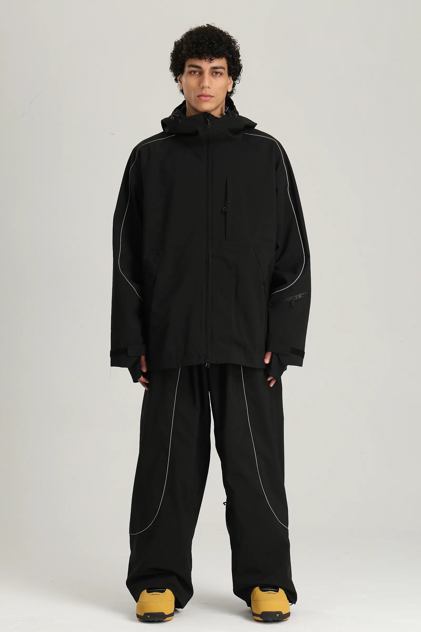 Men's Black Color Block Reflective Retro Baggy Snow Jacket