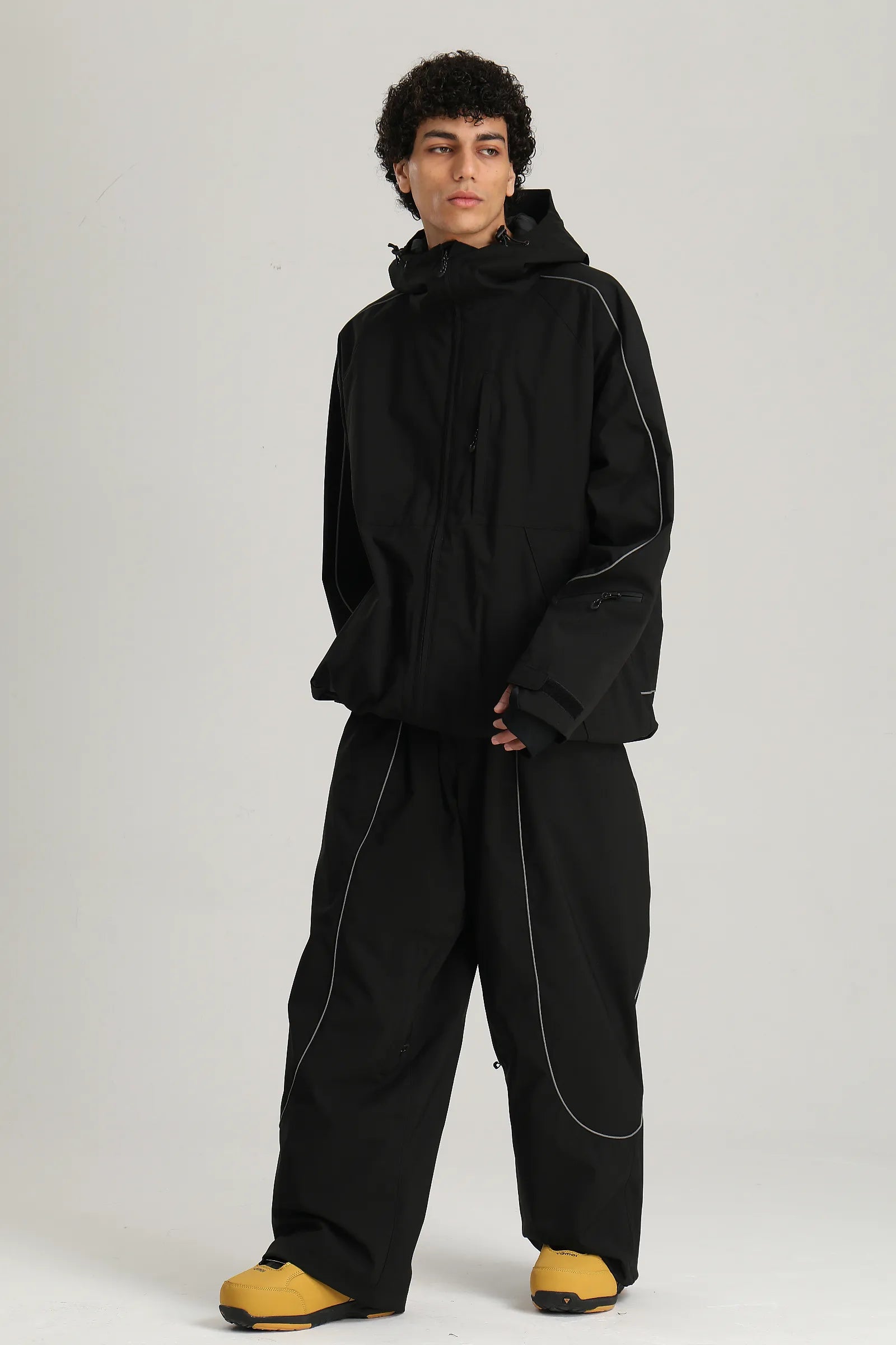 Men's Black Color Block Reflective Retro Baggy Snow Jacket