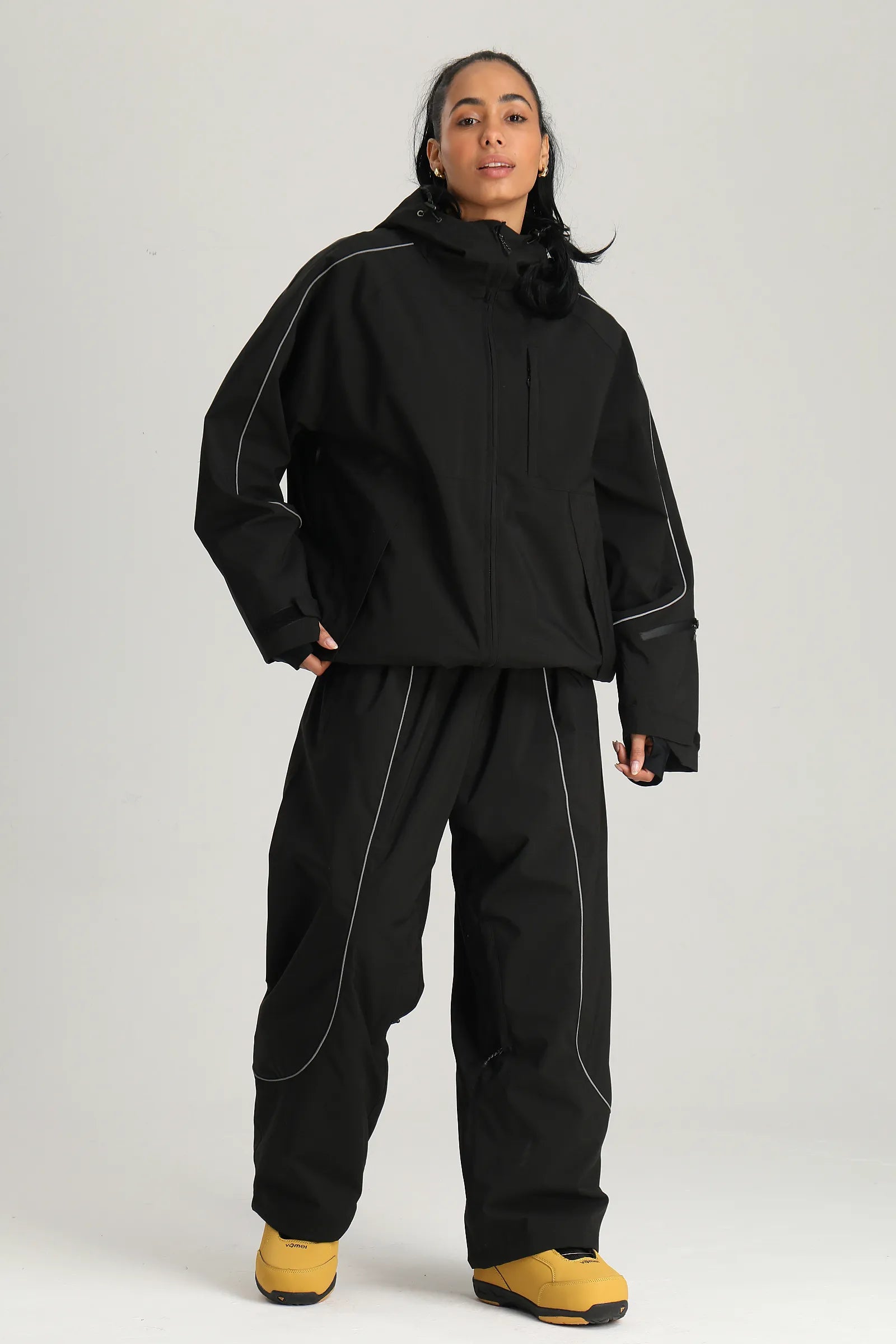Women's Black Color Block Reflective Retro Baggy Snow Jacket