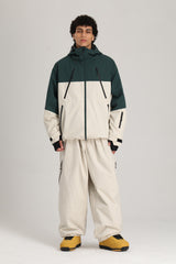 Men's Off White & Green Color Block Utility Multi-Pocket Insulated Snow Jacket