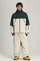 Men's Off White & Green Color Block Utility Multi-Pocket Insulated Snow Jacket