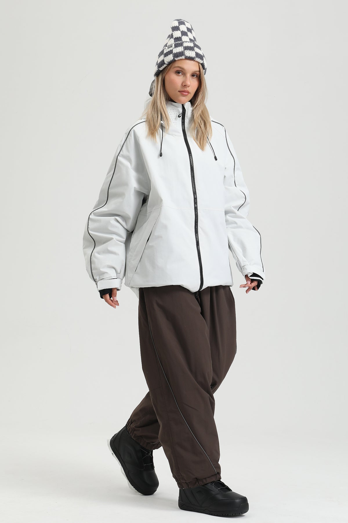 Women's Light Grey Reflective Trim Insulated Snowboard Jacket