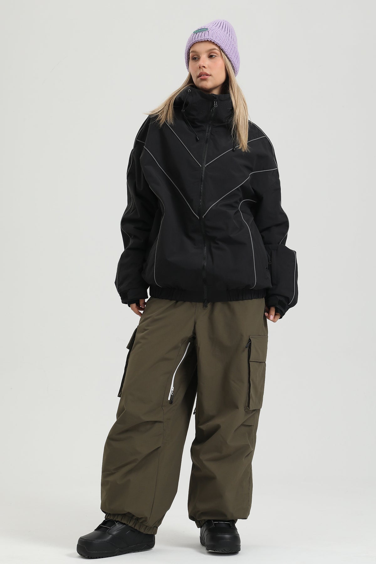 Women's Black V-Shaped Reflective Fit Snowboard Ski Jacket