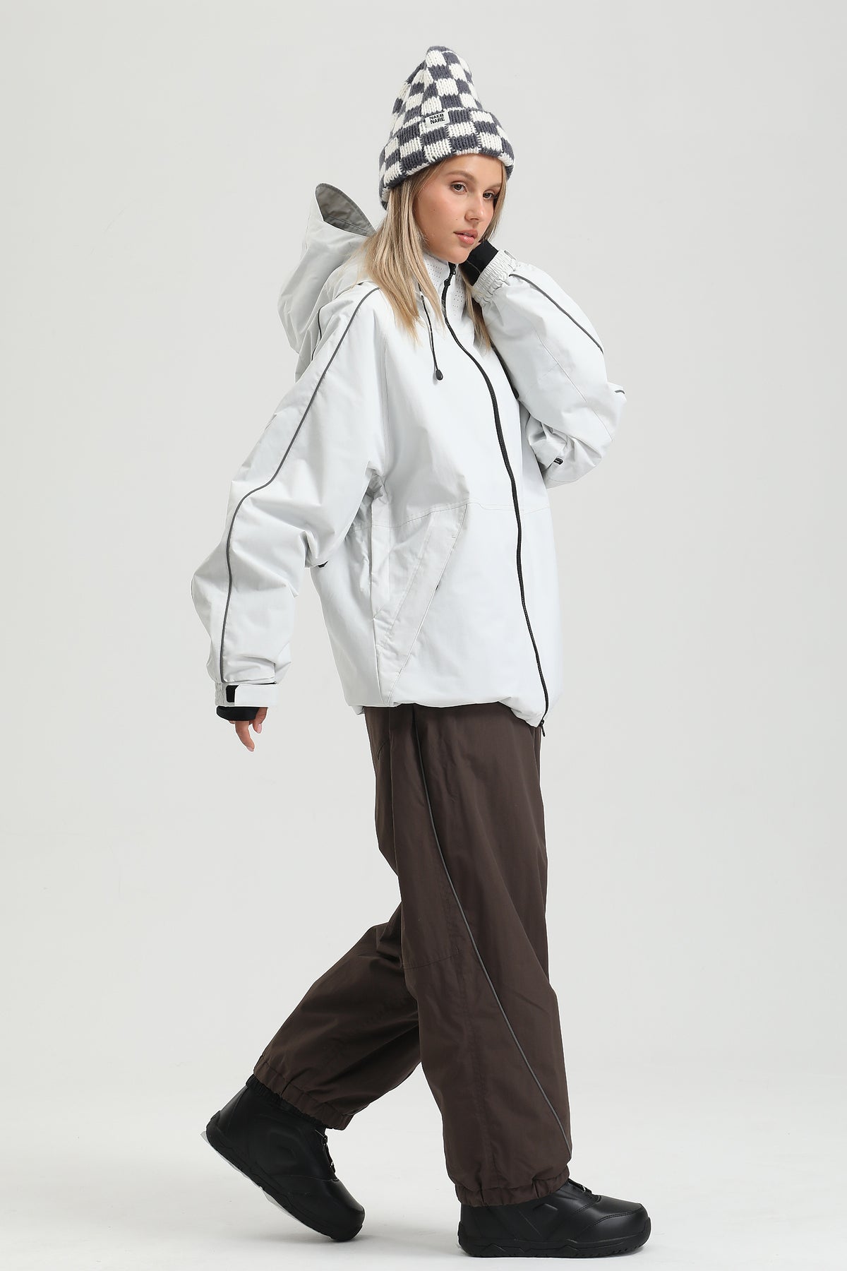 Pantaloni da neve riflettenti color caffè baggy da donna