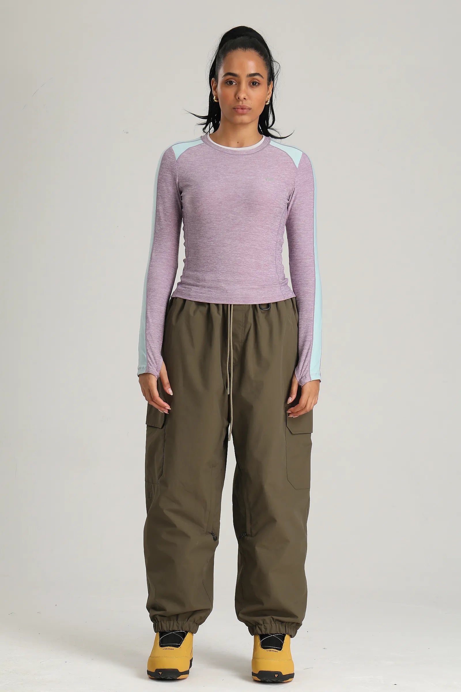 Women's Dark Green Technical Utility Hidden Pockets Baggy Snow Pants