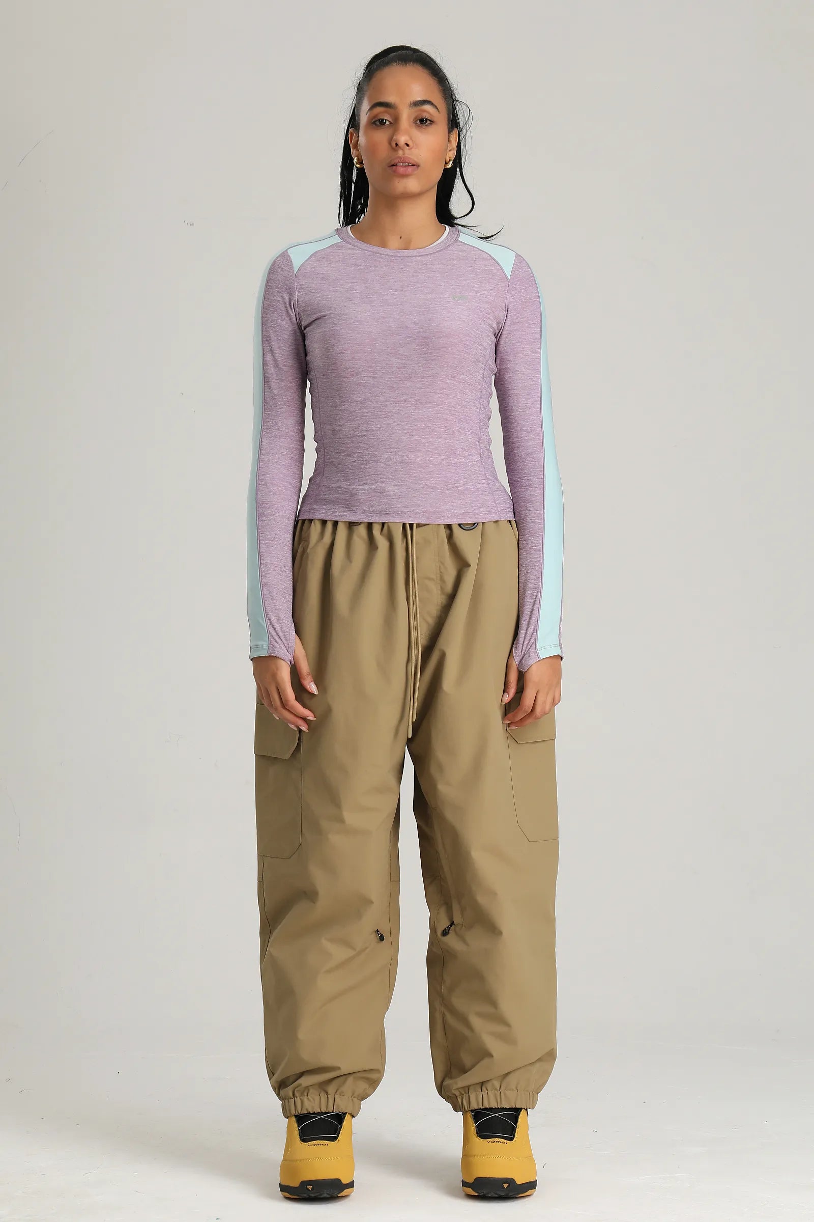 Women's Khaki Technical Utility Hidden Pockets Baggy Snow Pants