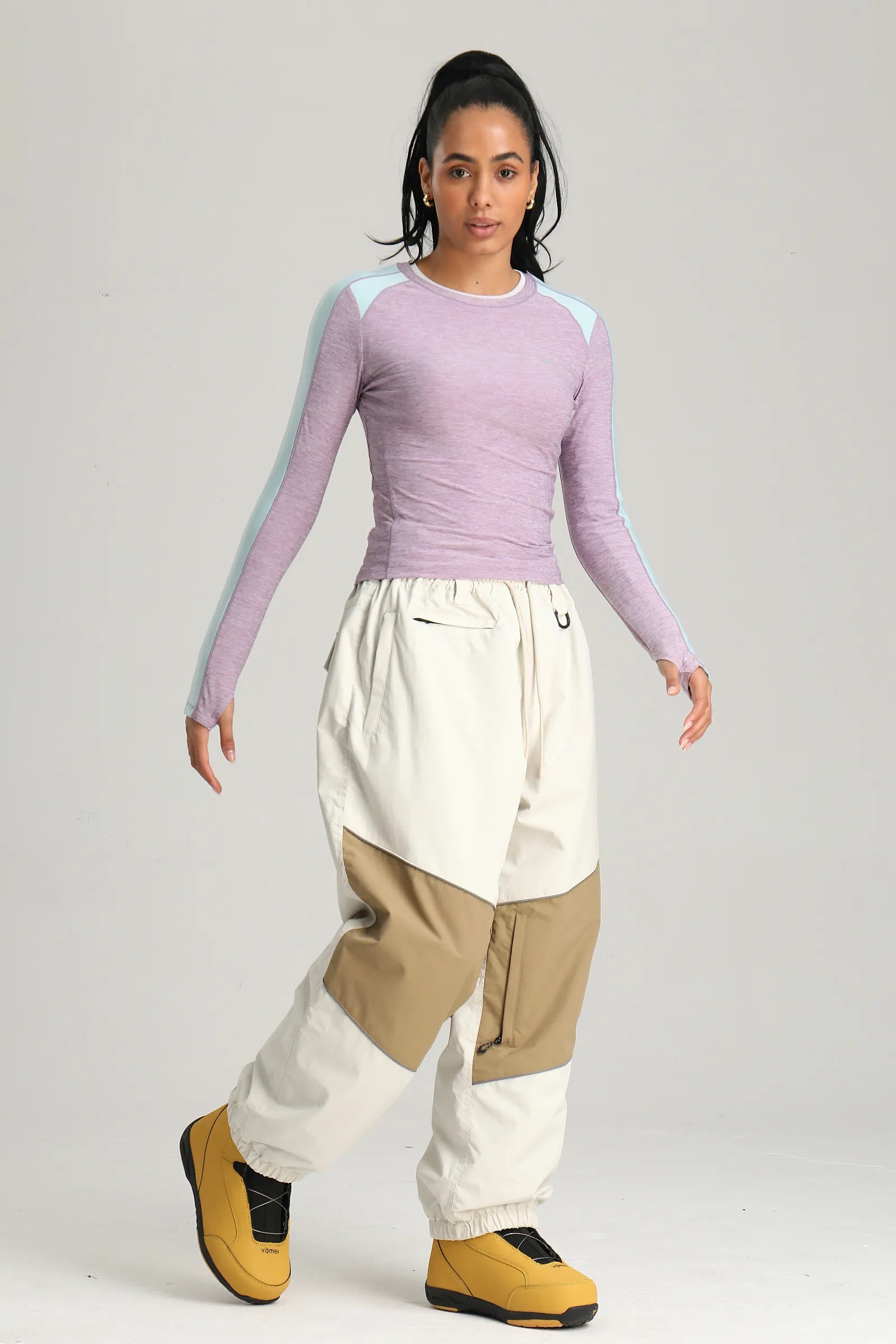 Women's Off White Color Block Reflective Detail Baggy Snowboard Pants