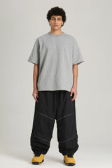 Men's Black Color Block Reflective Detail Baggy Snowboard Pants