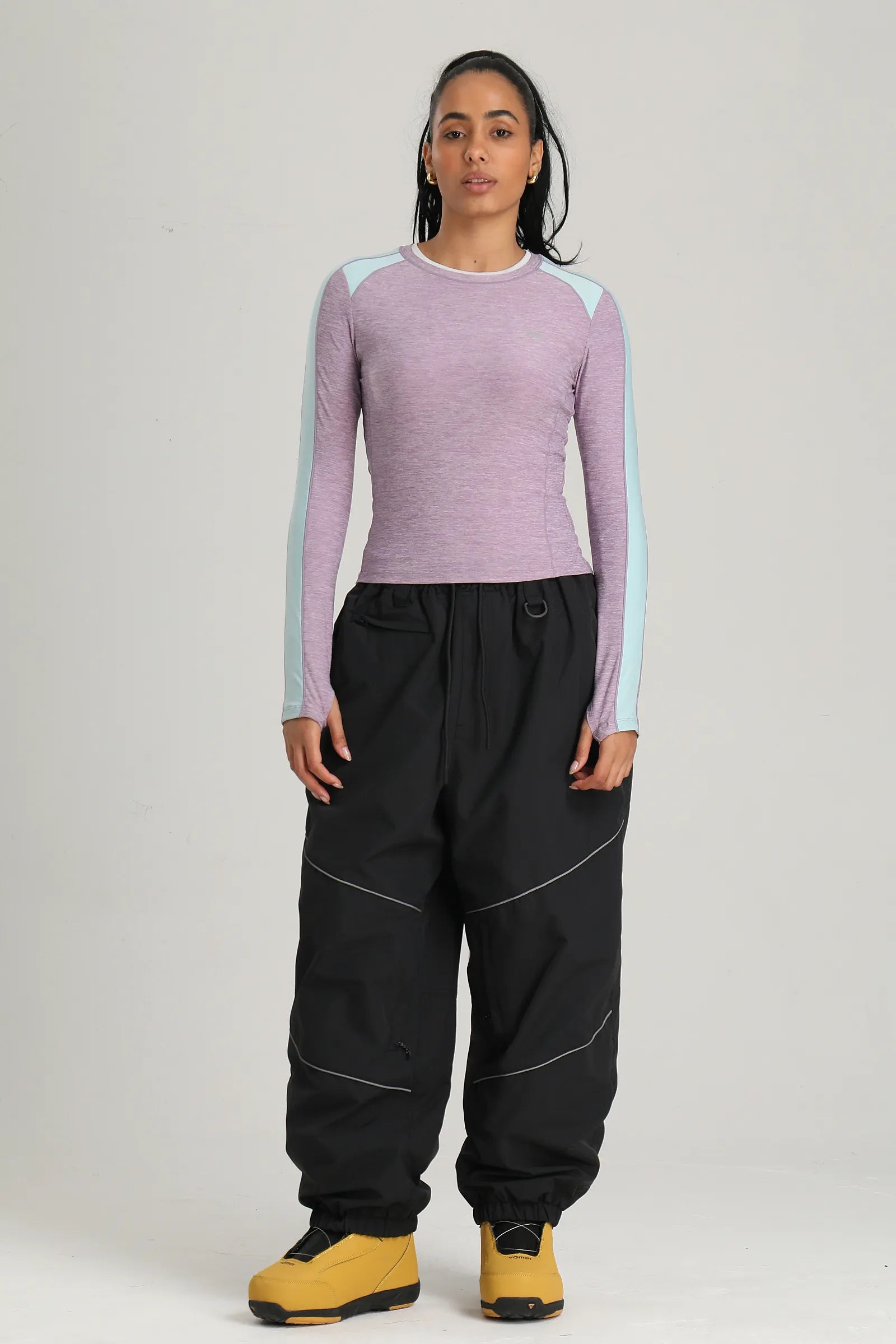 Women's Black Color Block Reflective Detail Baggy Snowboard Pants