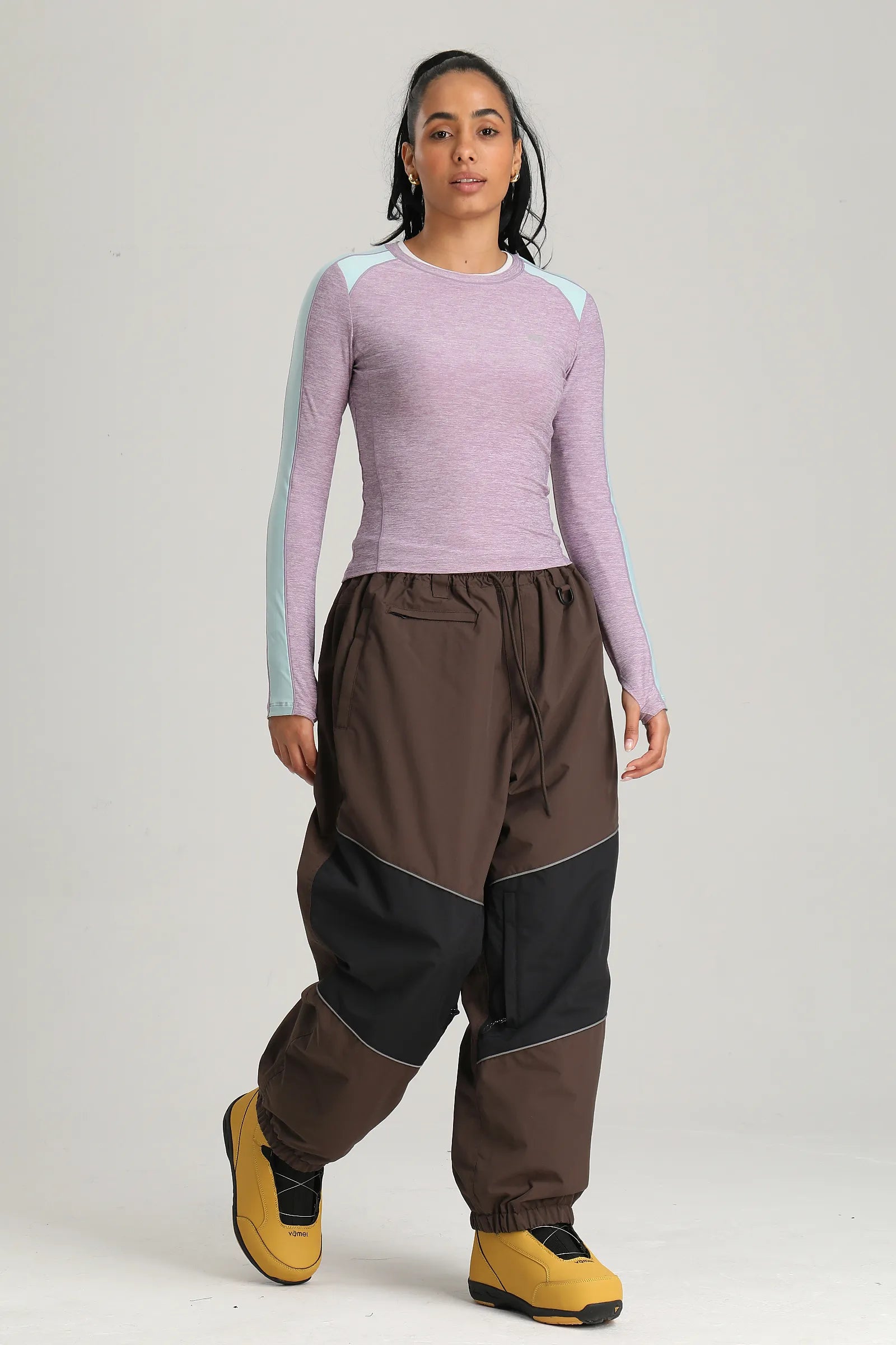 Women's Coffee Color Block Reflective Detail Baggy Snowboard Pants