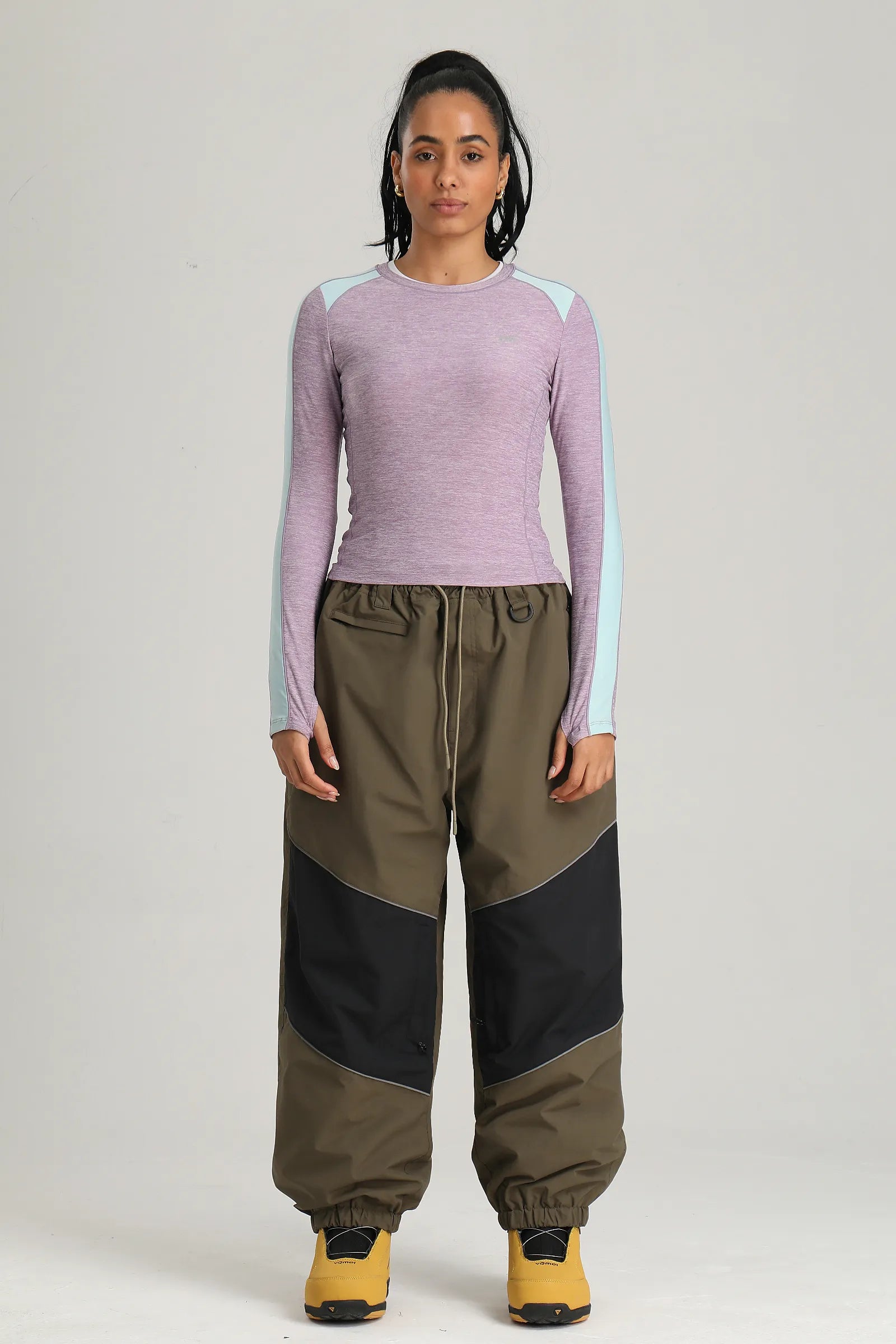 Women's Dark Green Color Block Reflective Detail Baggy Snowboard Pants