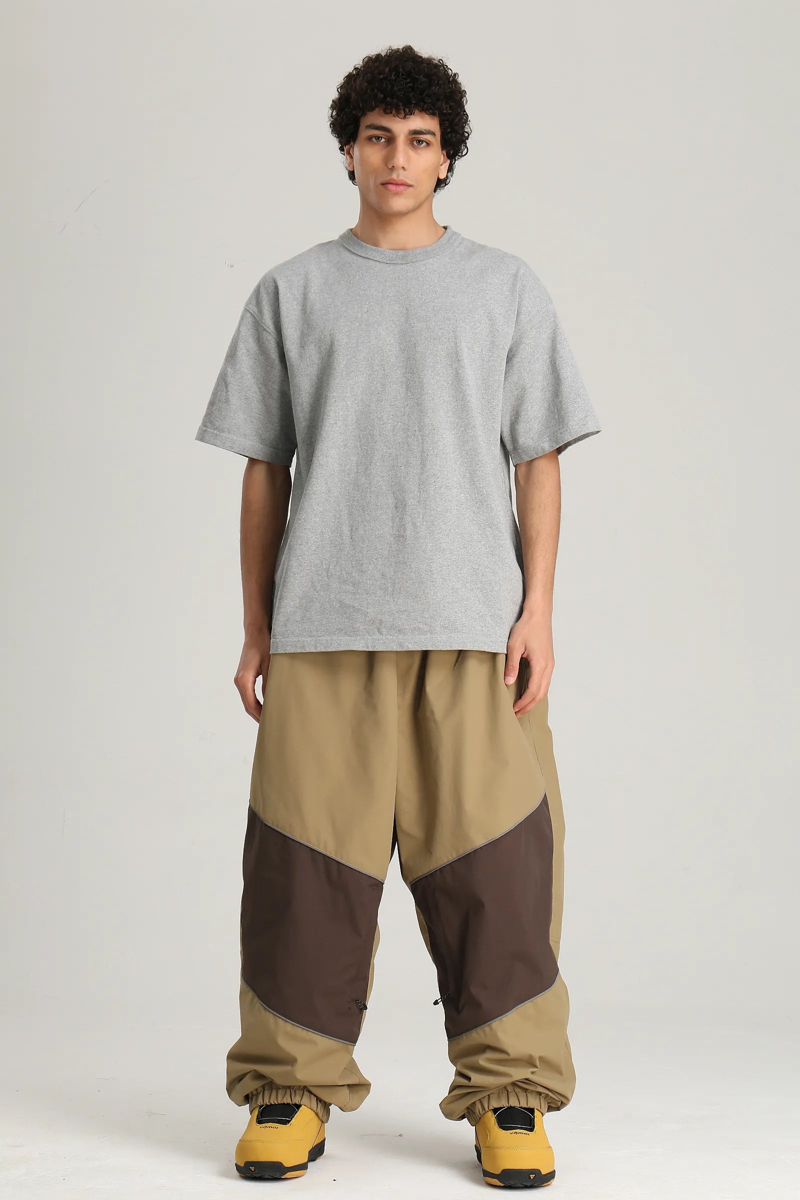 Men's Khaki Color Block Reflective Detail Baggy Snowboard Pants