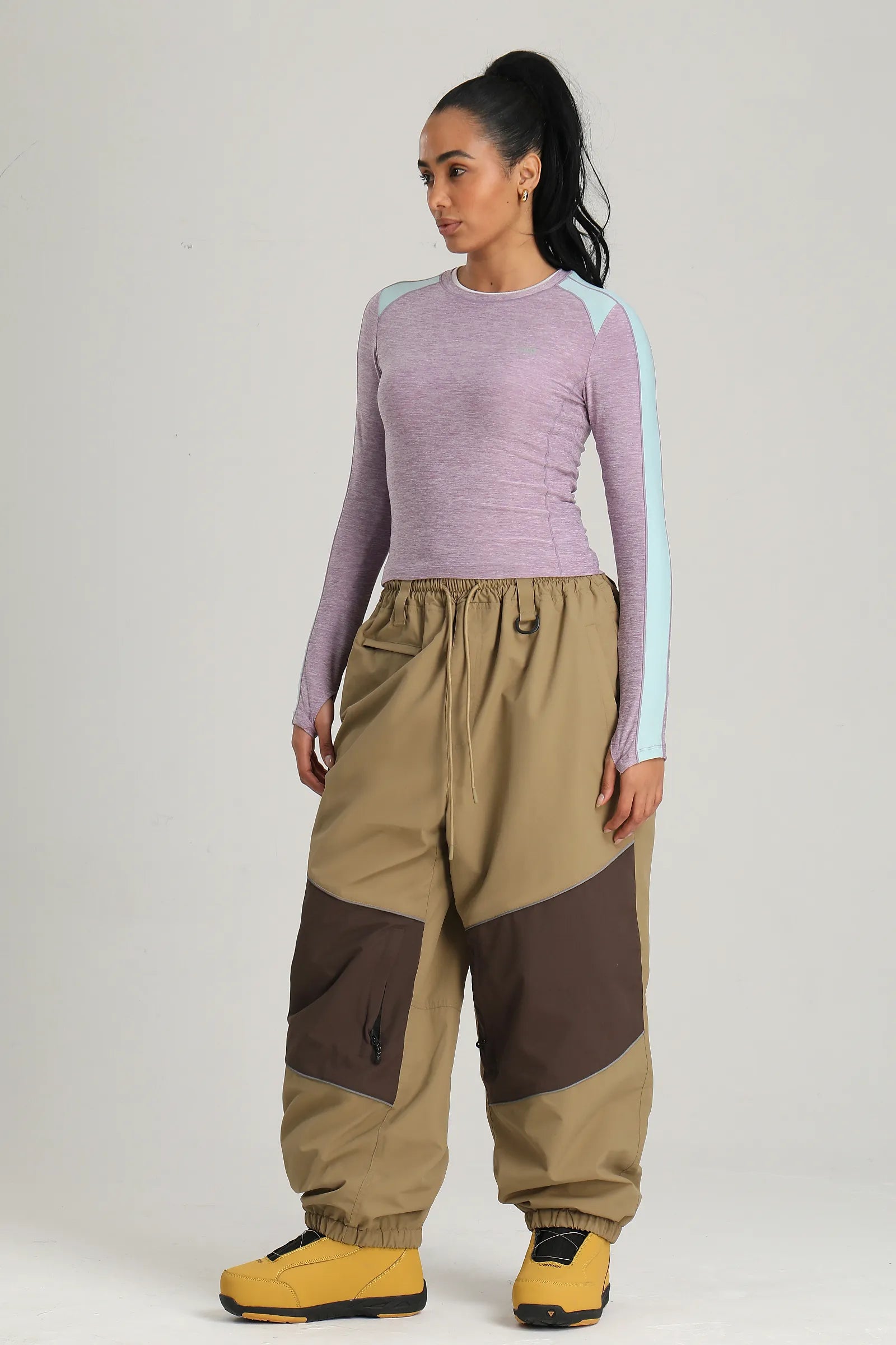 Women's Khaki Color Block Reflective Detail Baggy Snowboard Pants