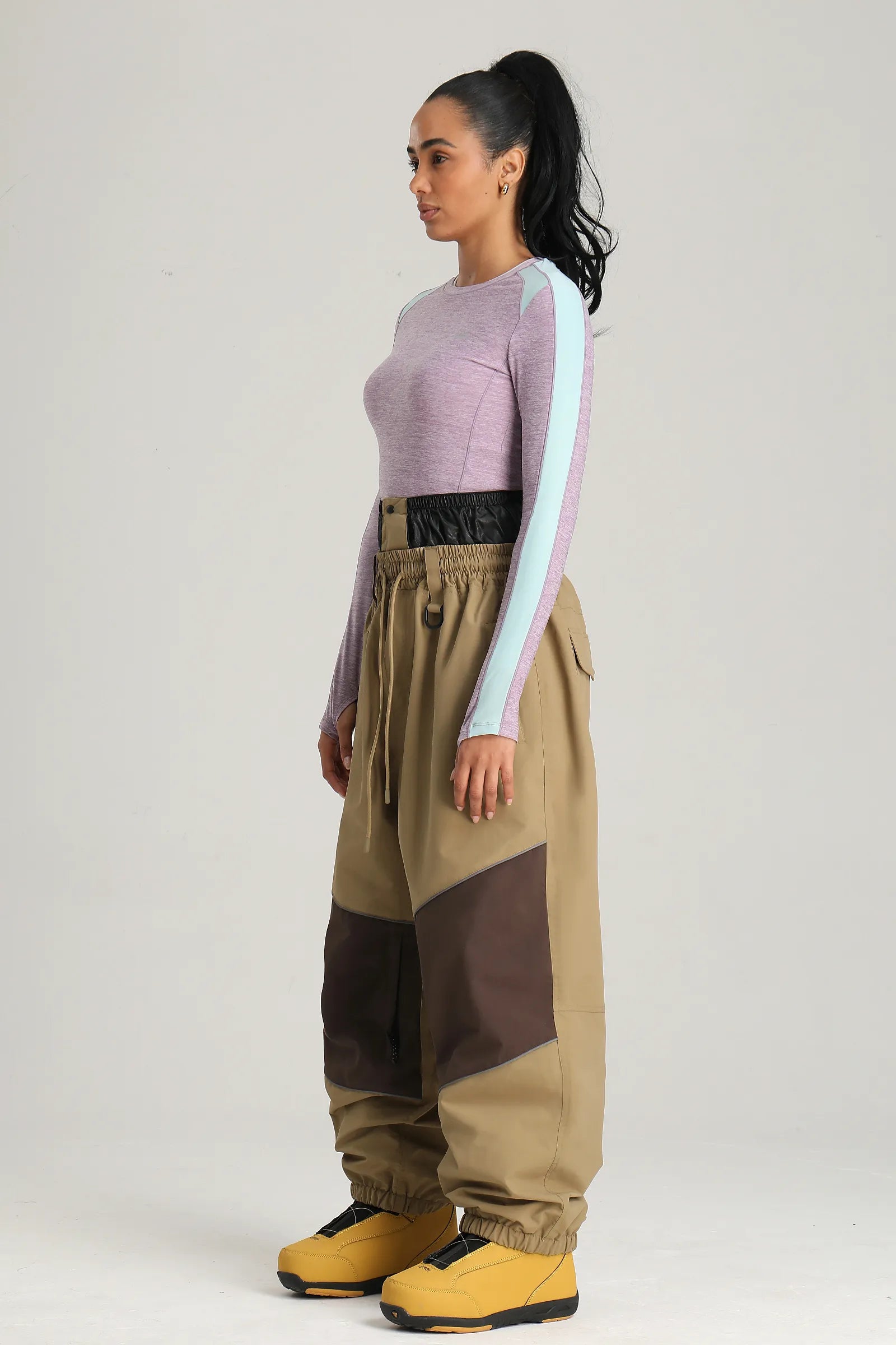 Women's Khaki Color Block Reflective Detail Baggy Snowboard Pants