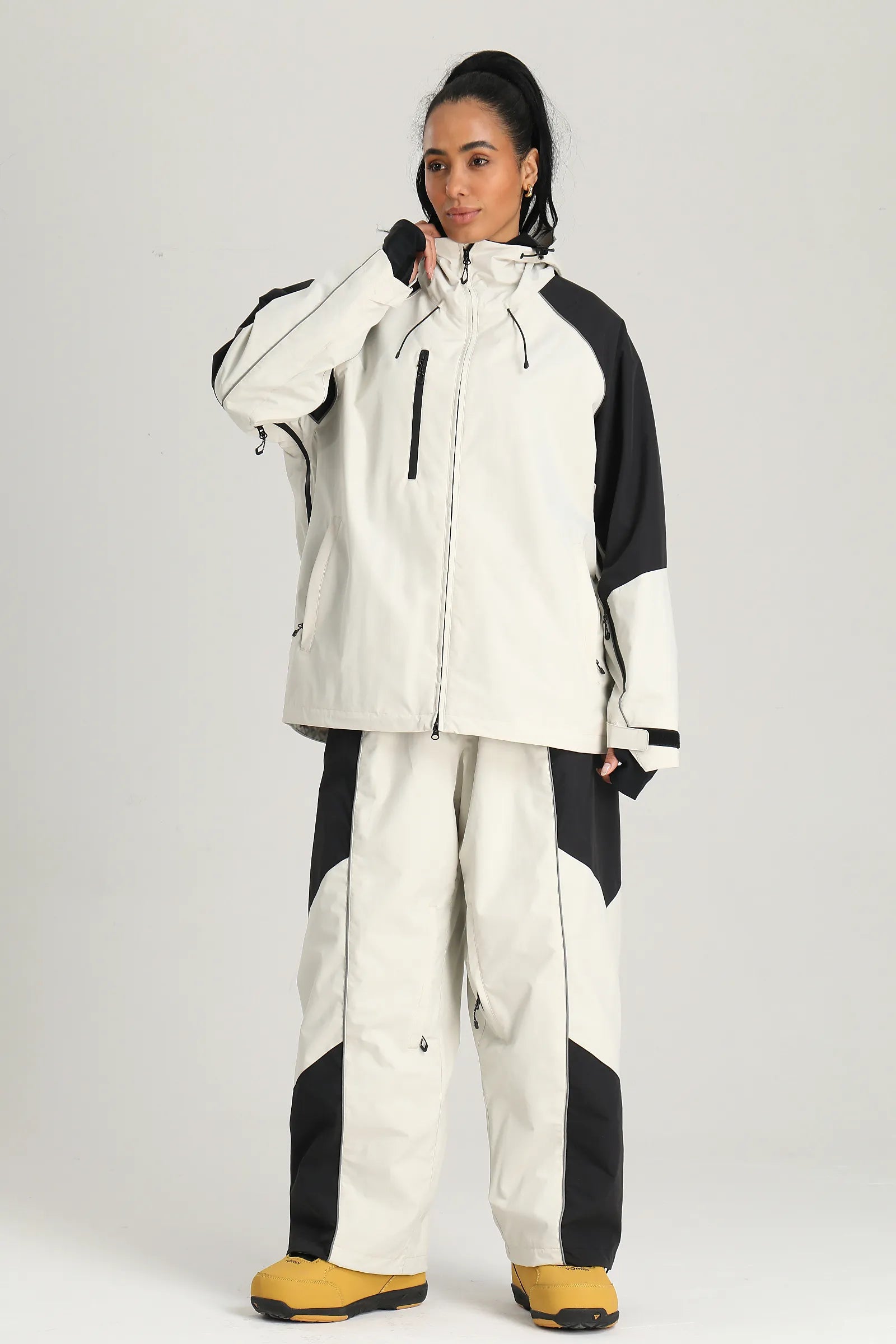 Women's Off White Color Block Reflective Baggy Snow Pants