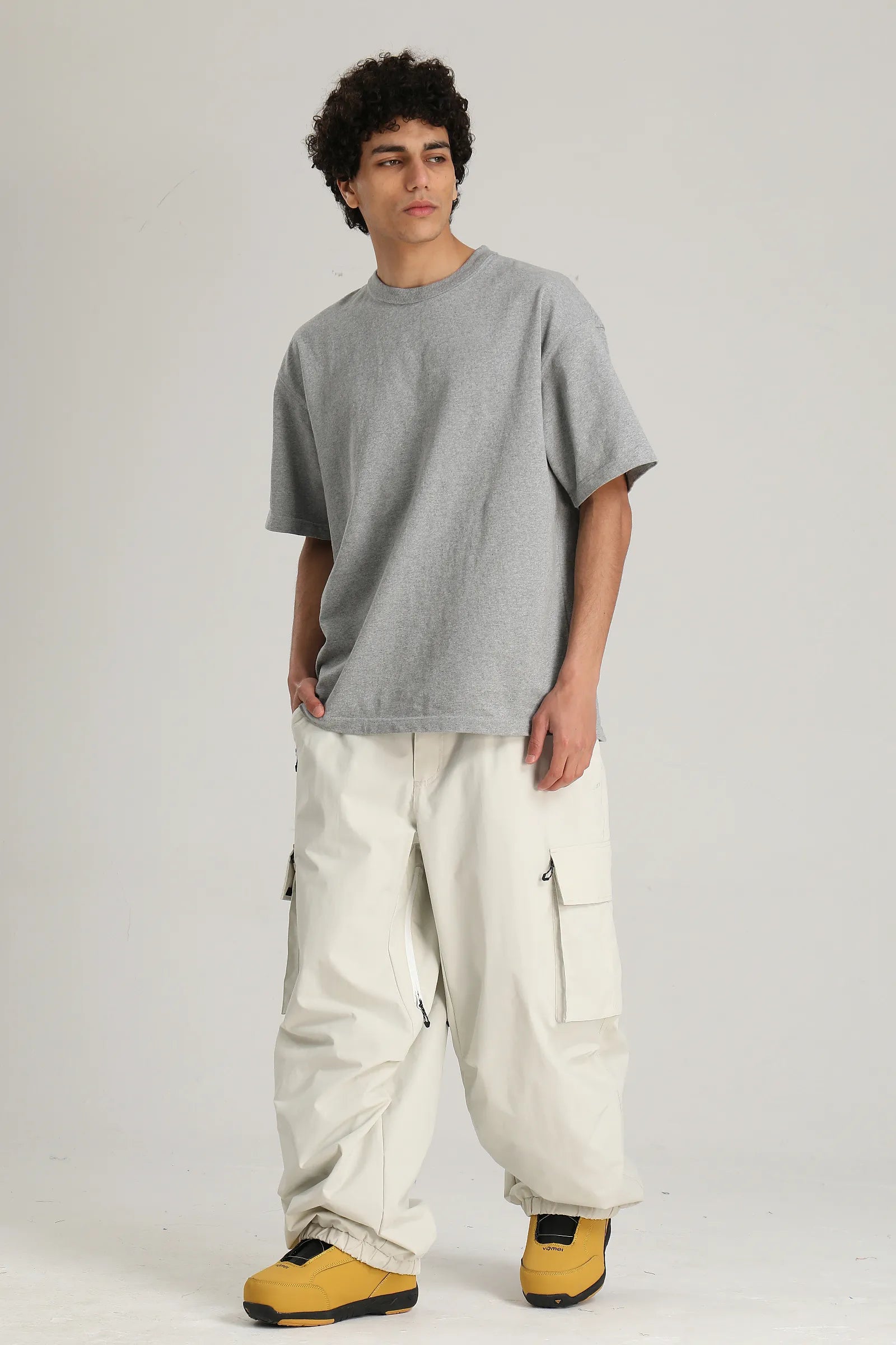 Men's Off White Contrast Zipper Baggy Snow & Ski Pants