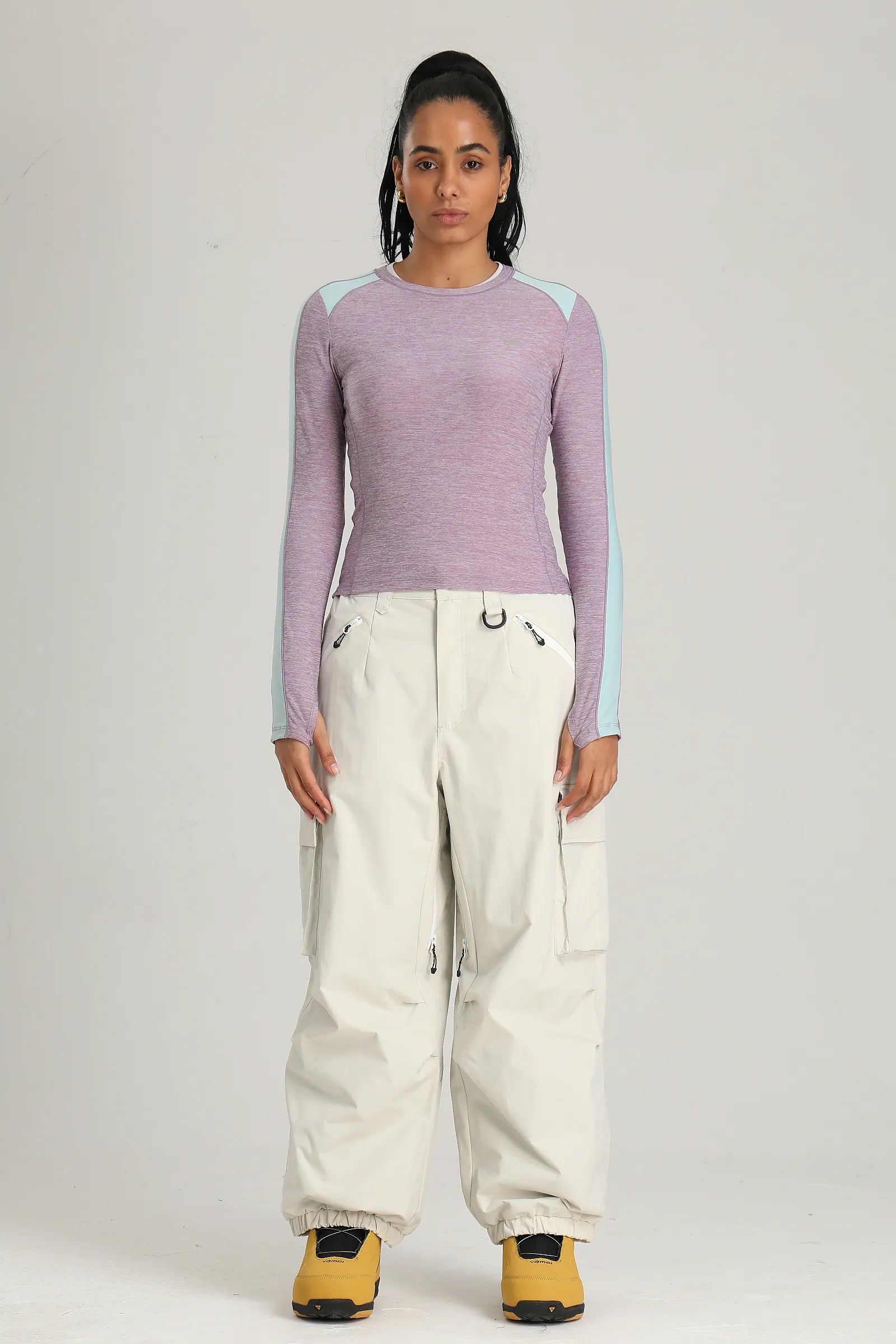 Women's Off White Contrast Zipper Baggy Snow & Ski Pants