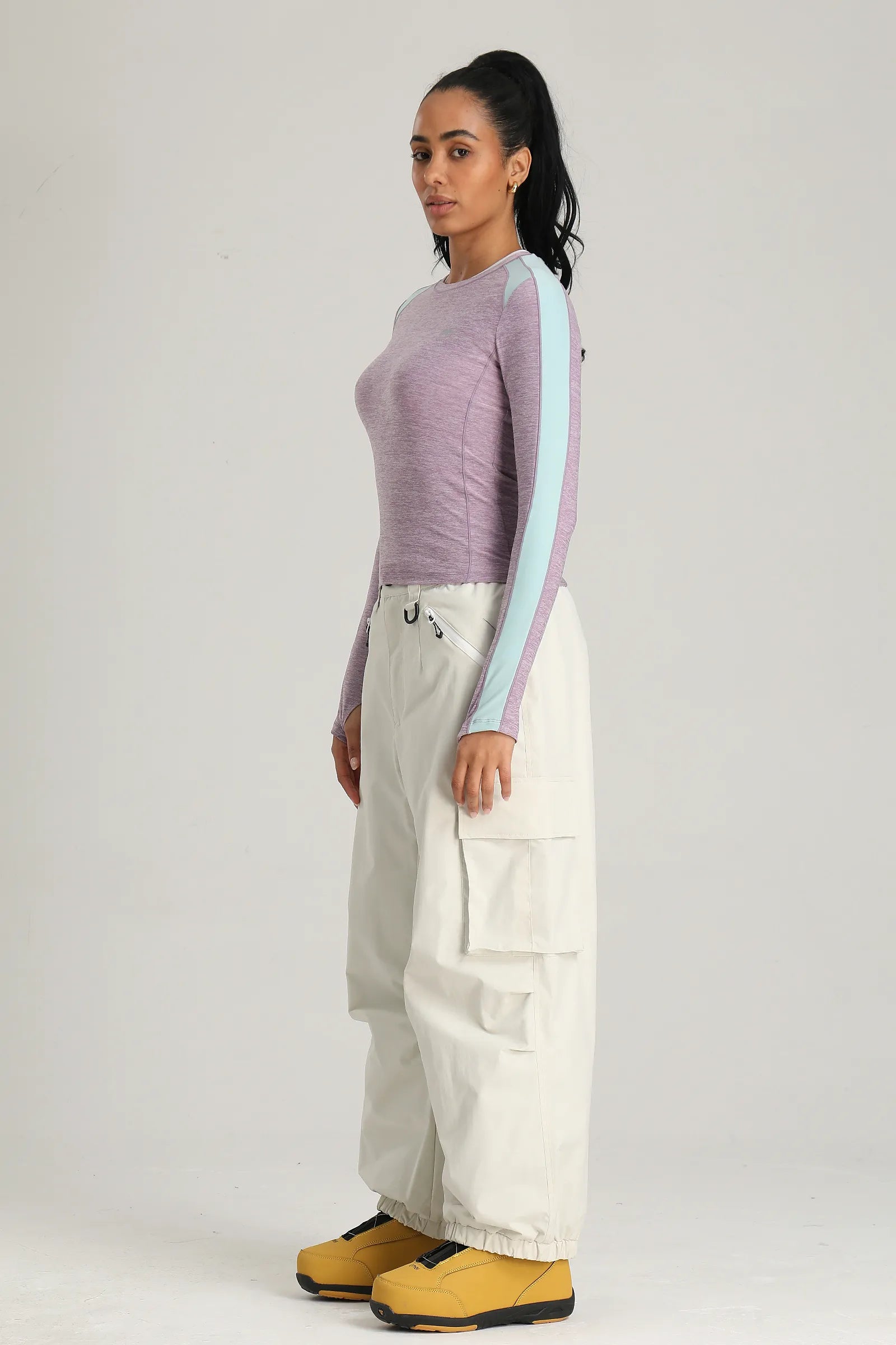 Women's Off White Contrast Zipper Baggy Snow & Ski Pants