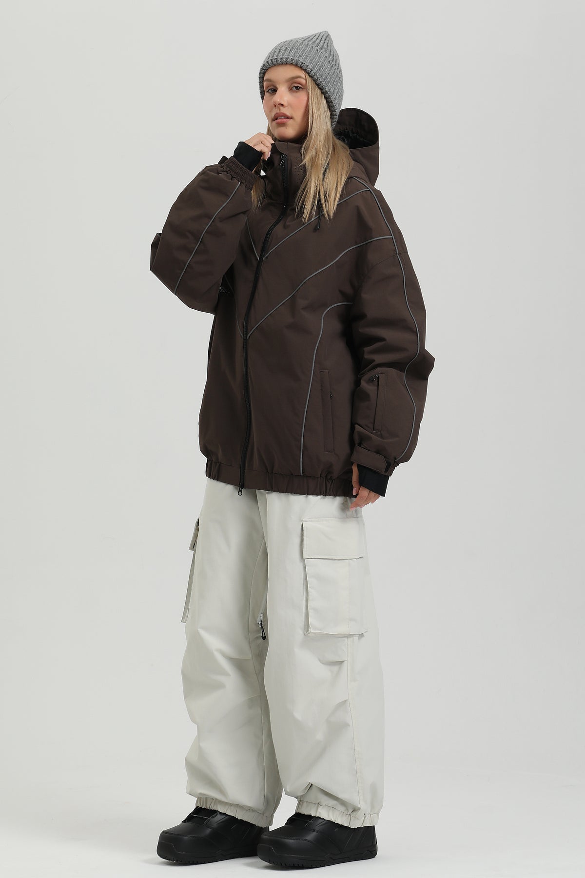 Damen Baggy Schnee- & Skihose mit kontrastierendem Reißverschluss in Off-White