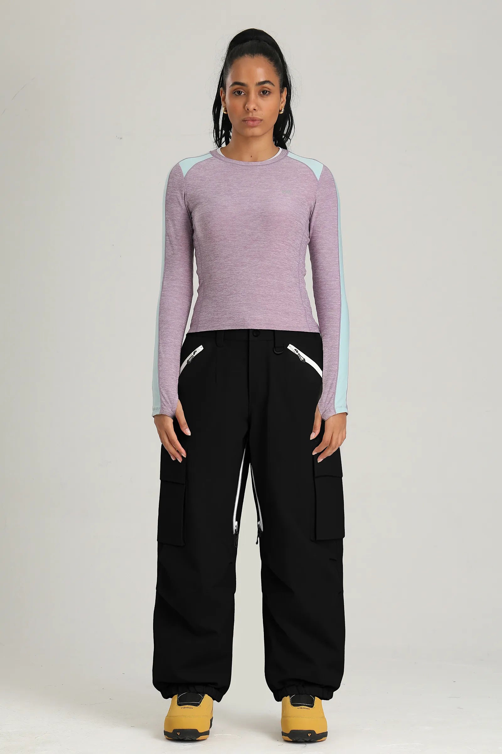 Women's Black Contrast Zipper Baggy Snow & Ski Pants