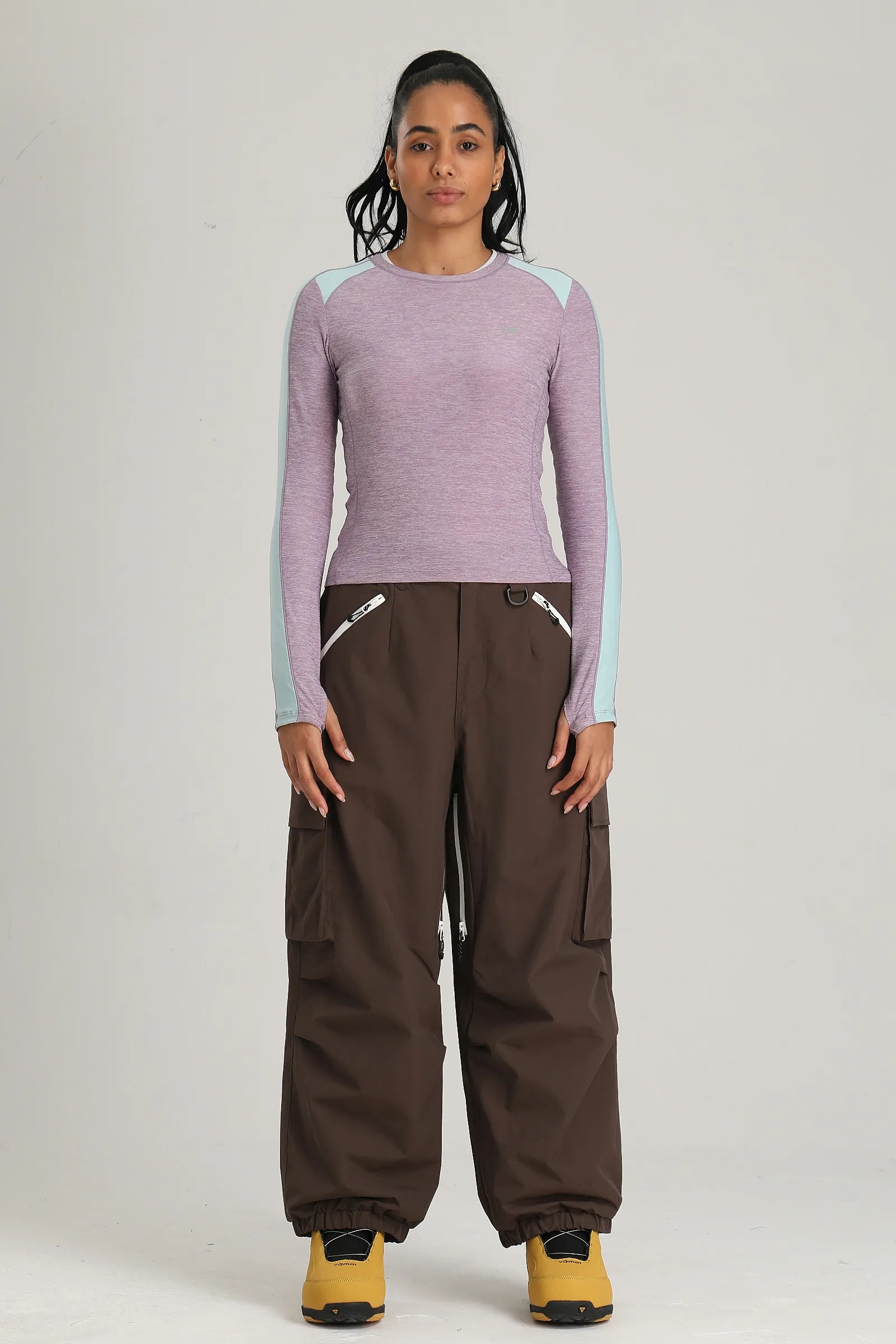 Women's Coffee Contrast Zipper Baggy Snow & Ski Pants