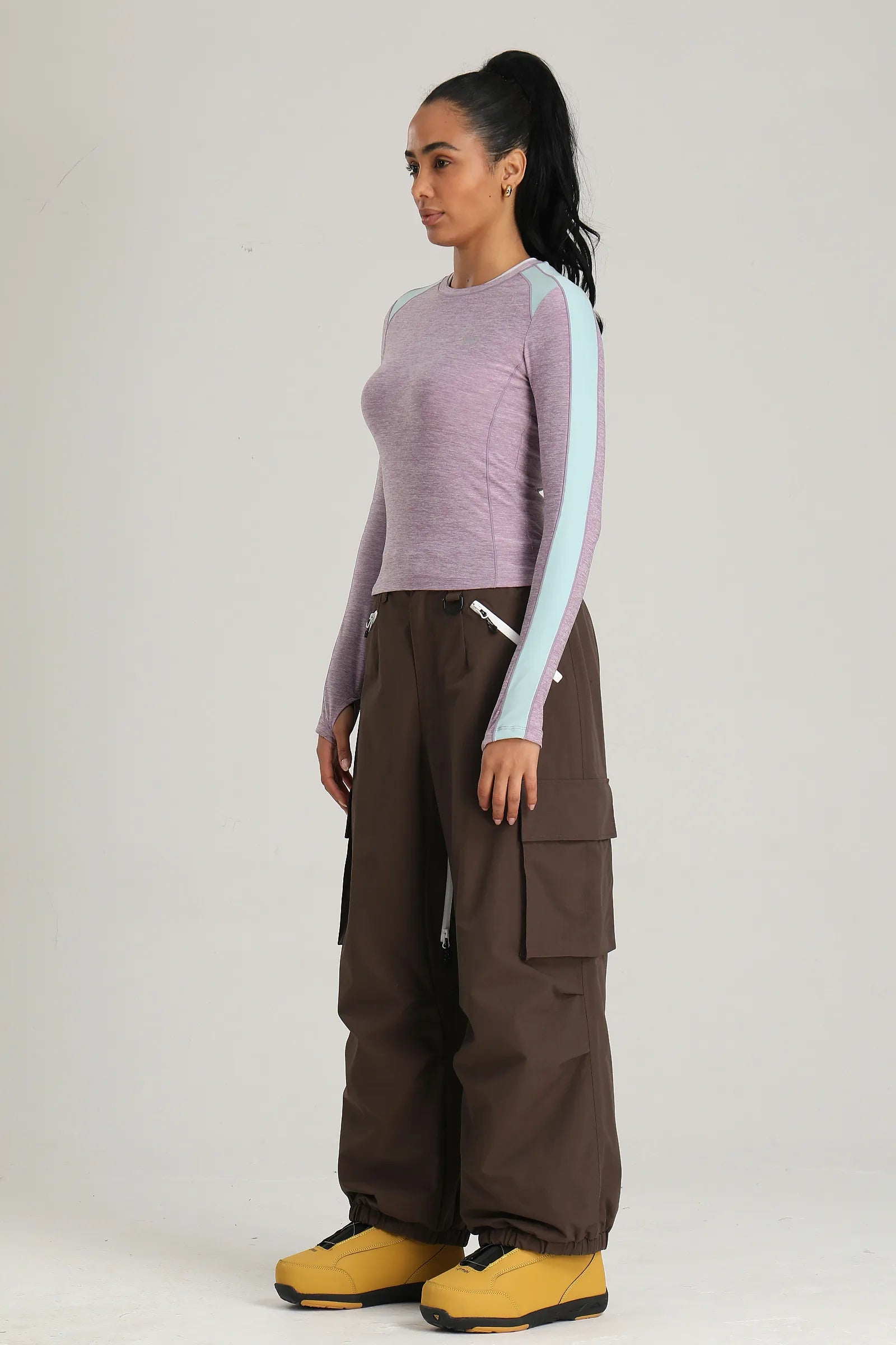 Women's Coffee Contrast Zipper Baggy Snow & Ski Pants
