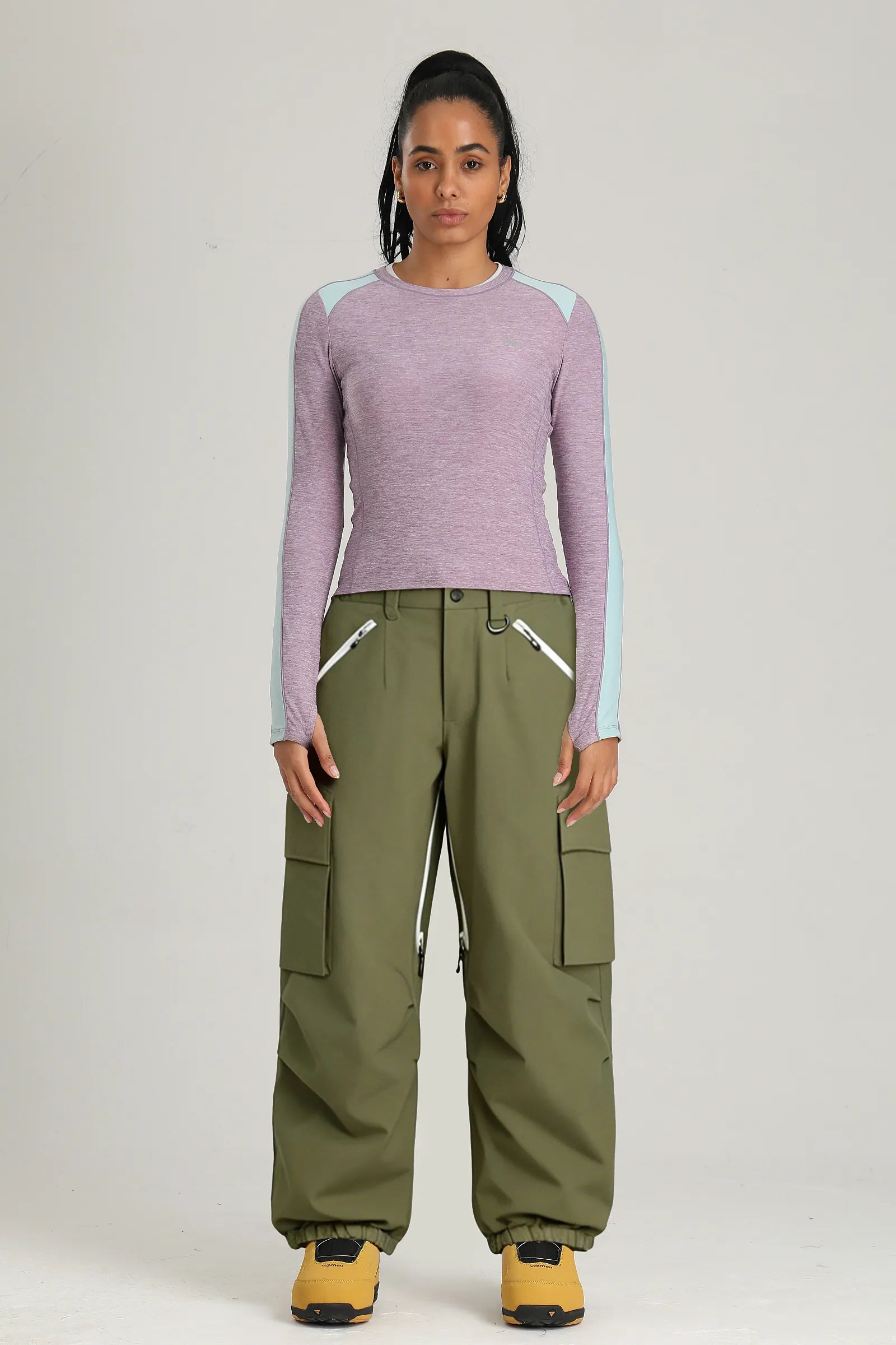Women's Dark Green Contrast Zipper Baggy Snow & Ski Pants