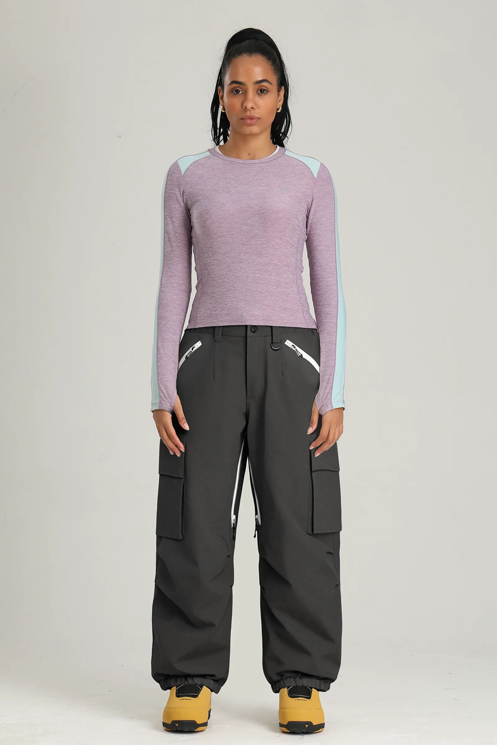 Women's Dark Grey Contrast Zipper Baggy Snow & Ski Pants