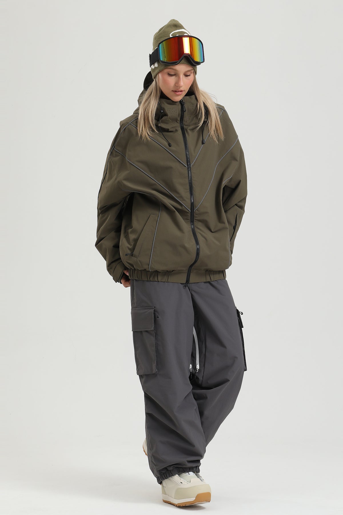 Damen Baggy Schnee- & Skihose in Dunkelgrau mit kontrastierendem Reißverschluss