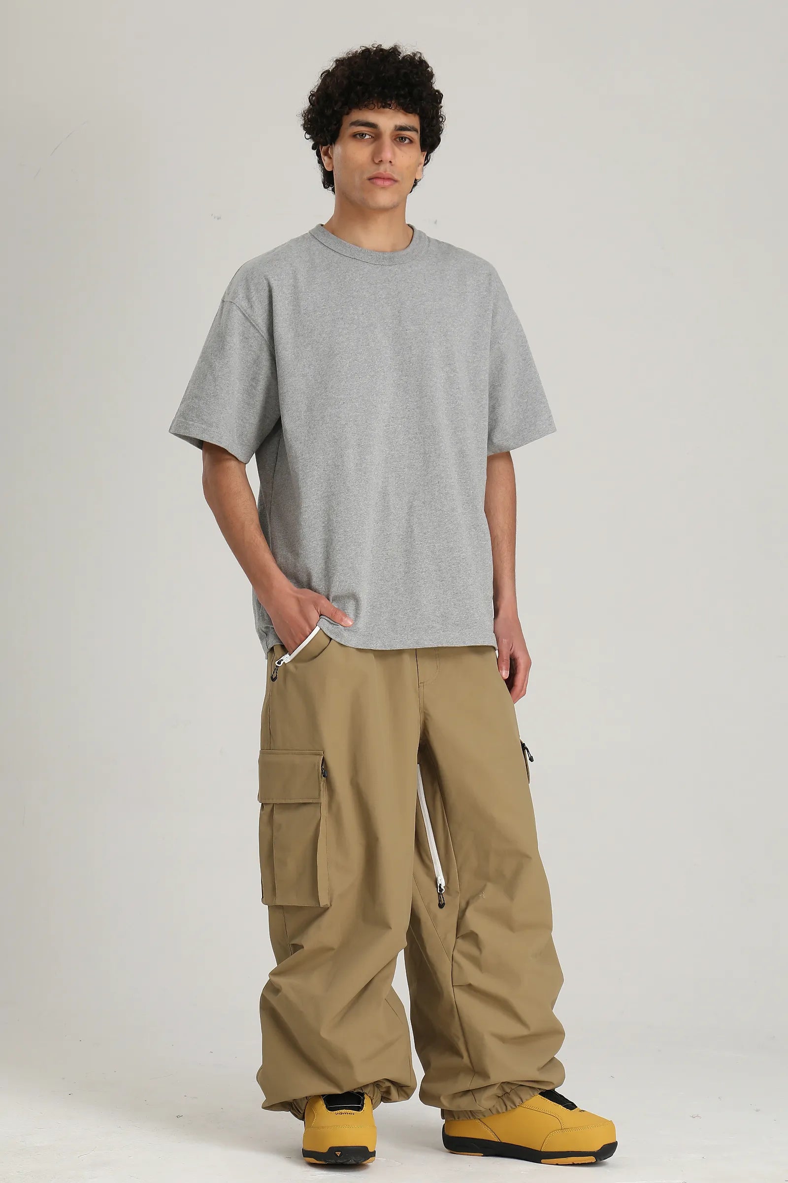 Men's Khaki Contrast Zipper Baggy Snow & Ski Pants
