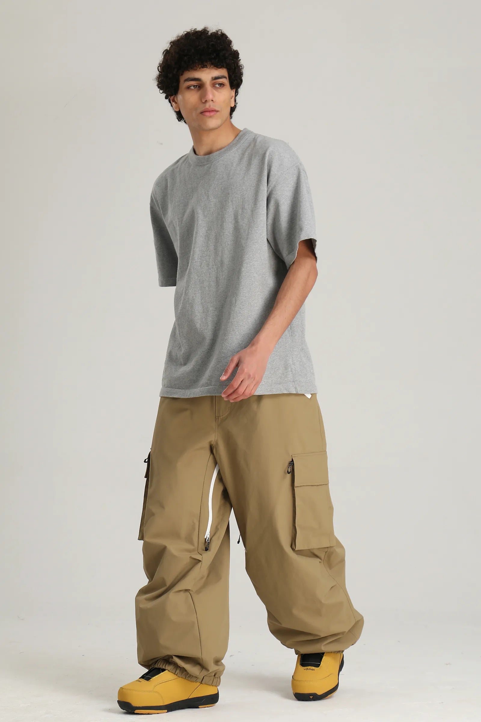 Men's Khaki Contrast Zipper Baggy Snow & Ski Pants