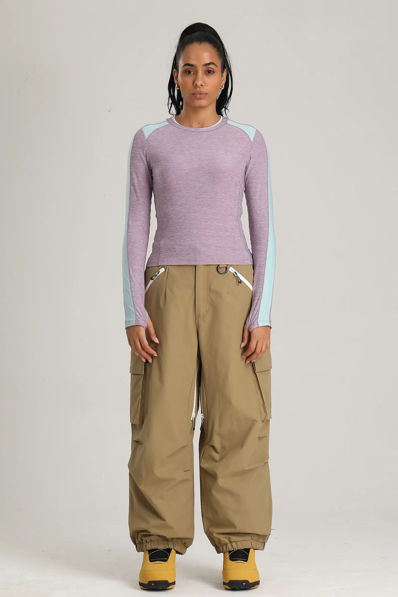 Women's Khaki Contrast Zipper Baggy Snow & Ski Pants