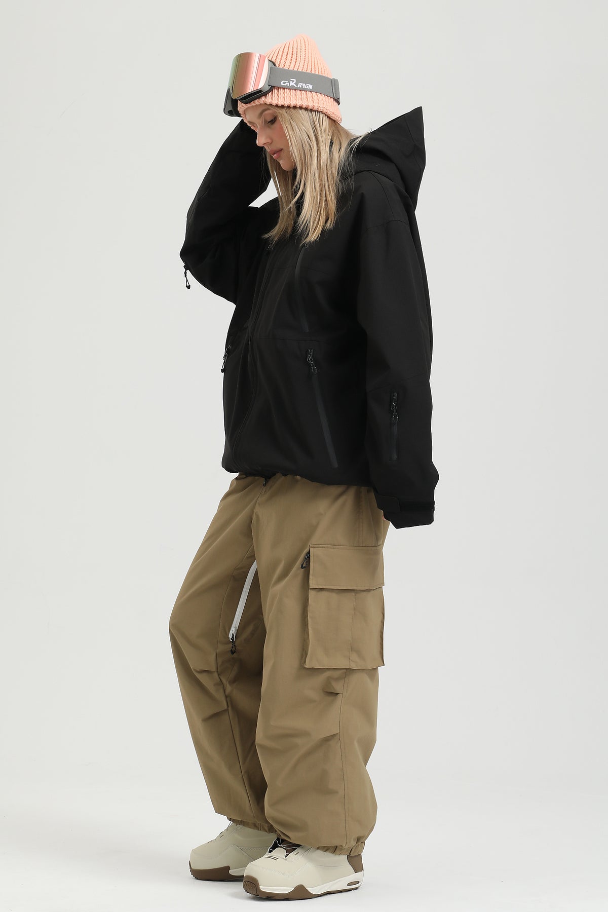 Women's Khaki Contrast Zipper Baggy Snow & Ski Pants