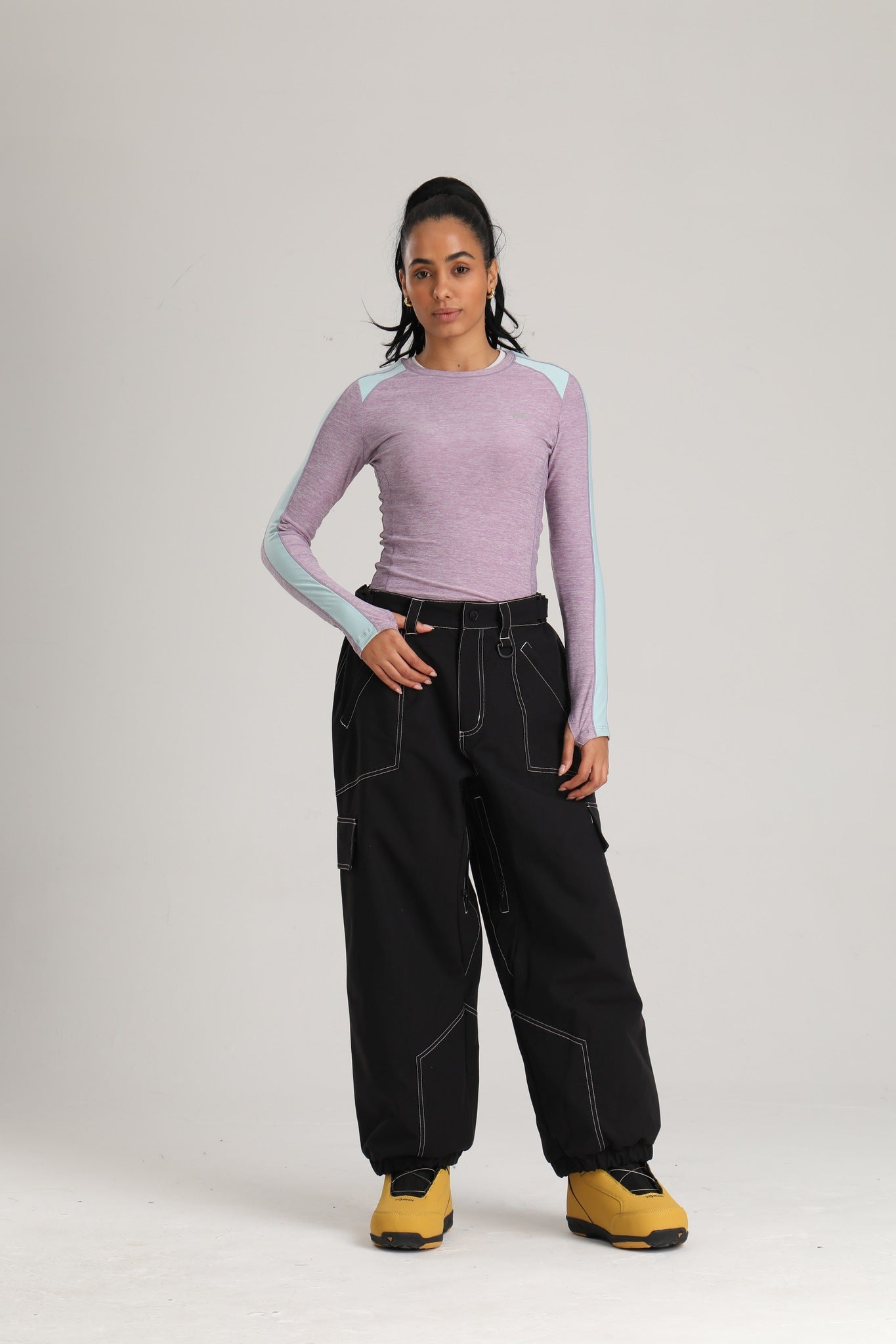 Women's Black Contrast Stitch Relaxed Fit Snow Pants