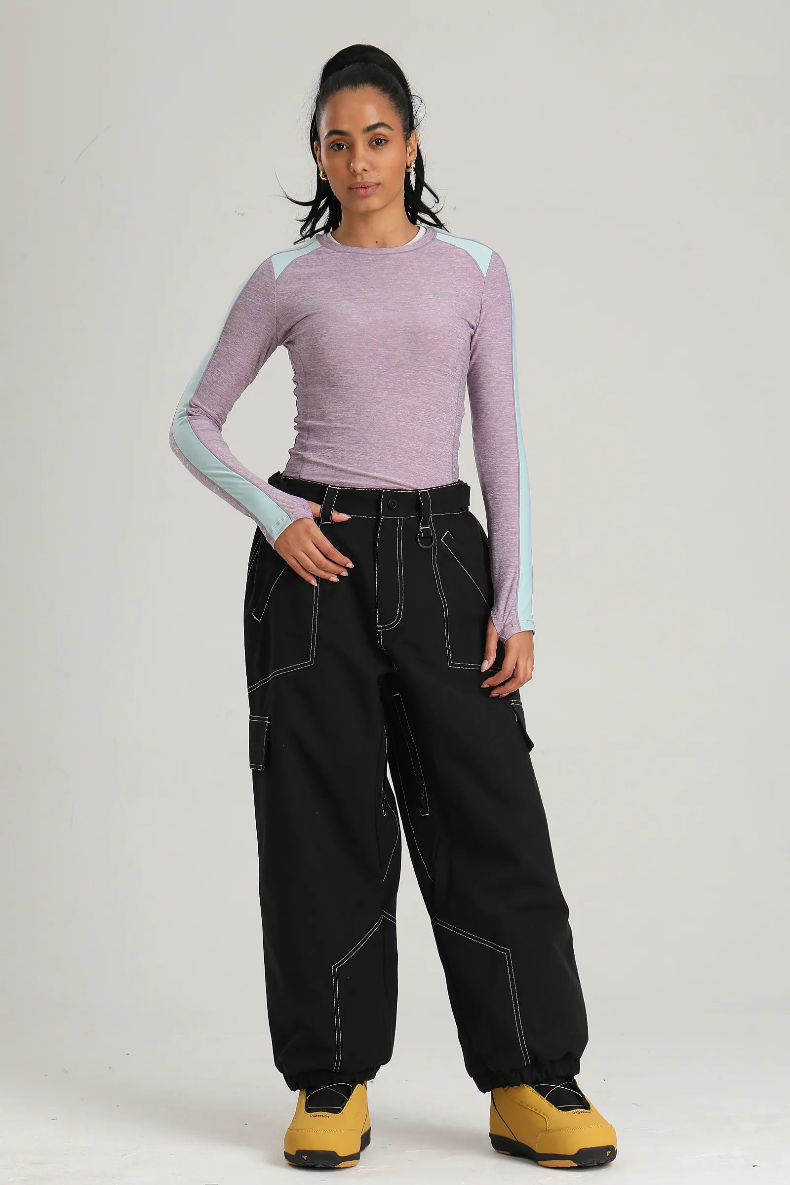 Women's Black Contrast Stitch Relaxed Fit Snow Pants