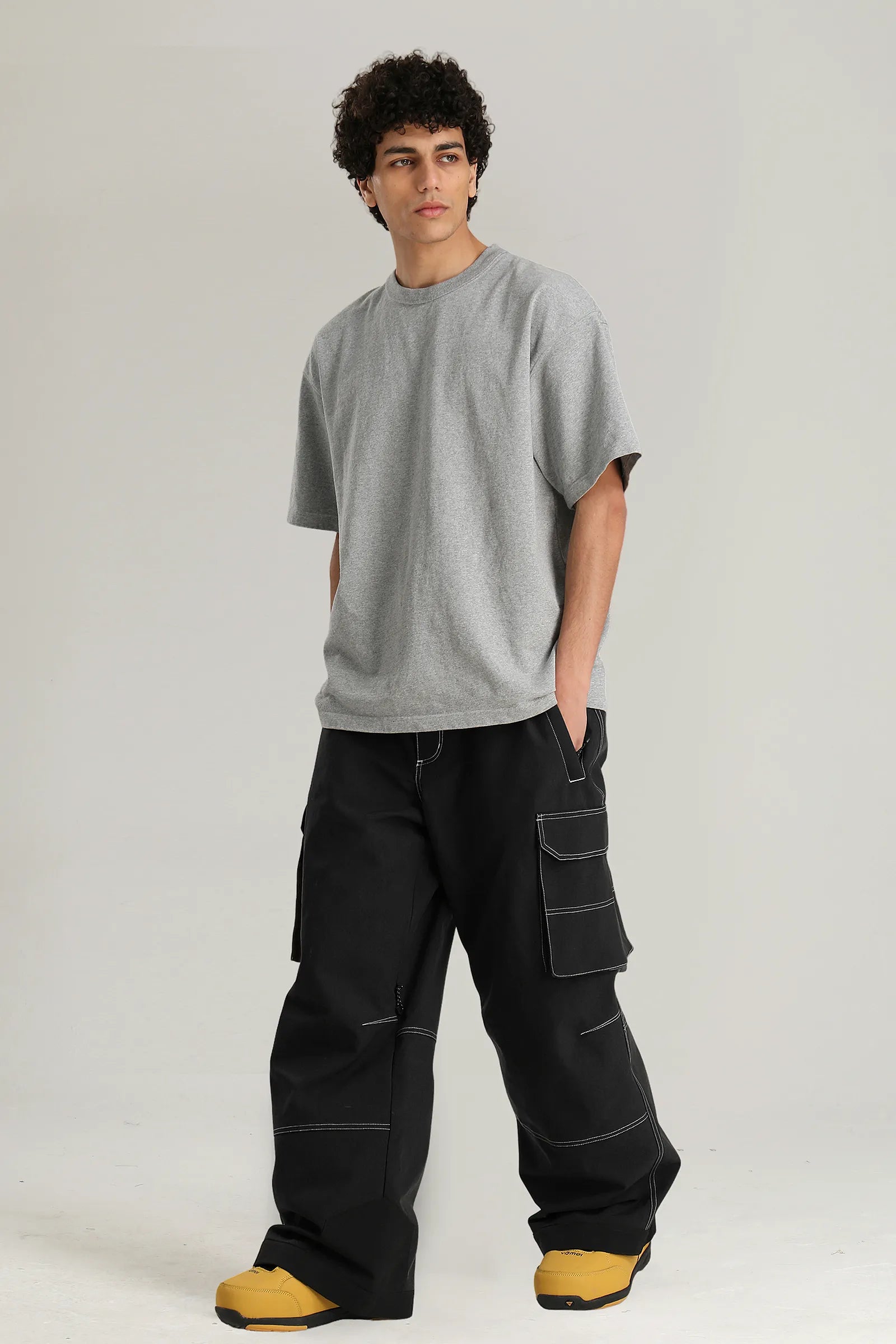 Men's Black Utility Contrast-Stitch Baggy Snow Pants