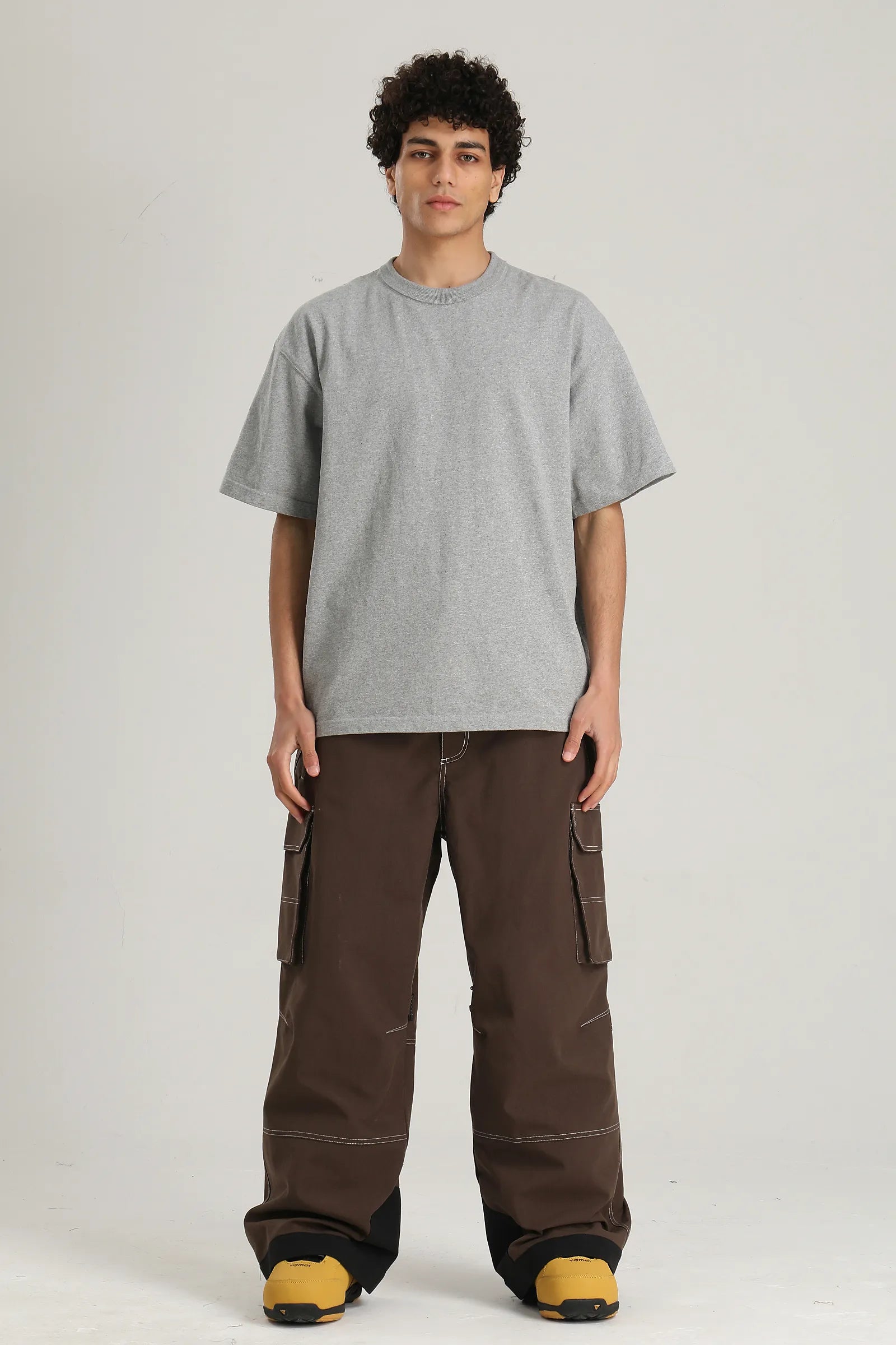 Men's Coffee Utility Contrast-Stitch Baggy Snow Pants