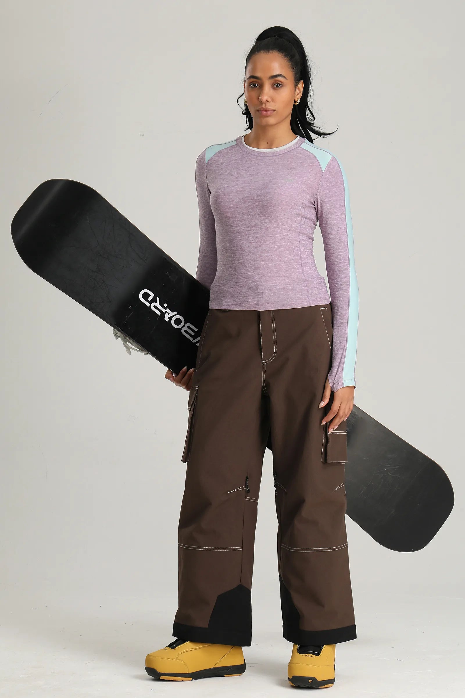 Women's Coffee Utility Contrast-Stitch Baggy Snow Pants