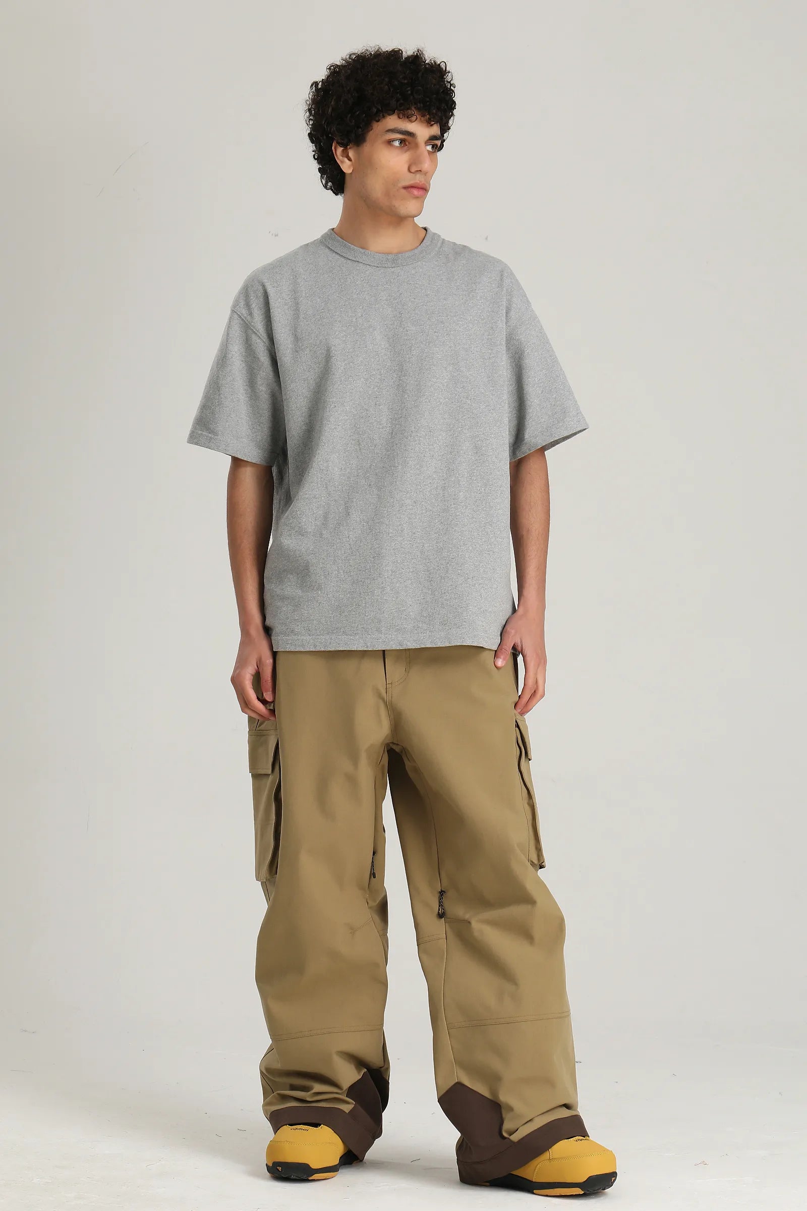 Men's Khaki Utility Contrast-Stitch Baggy Snow Pants